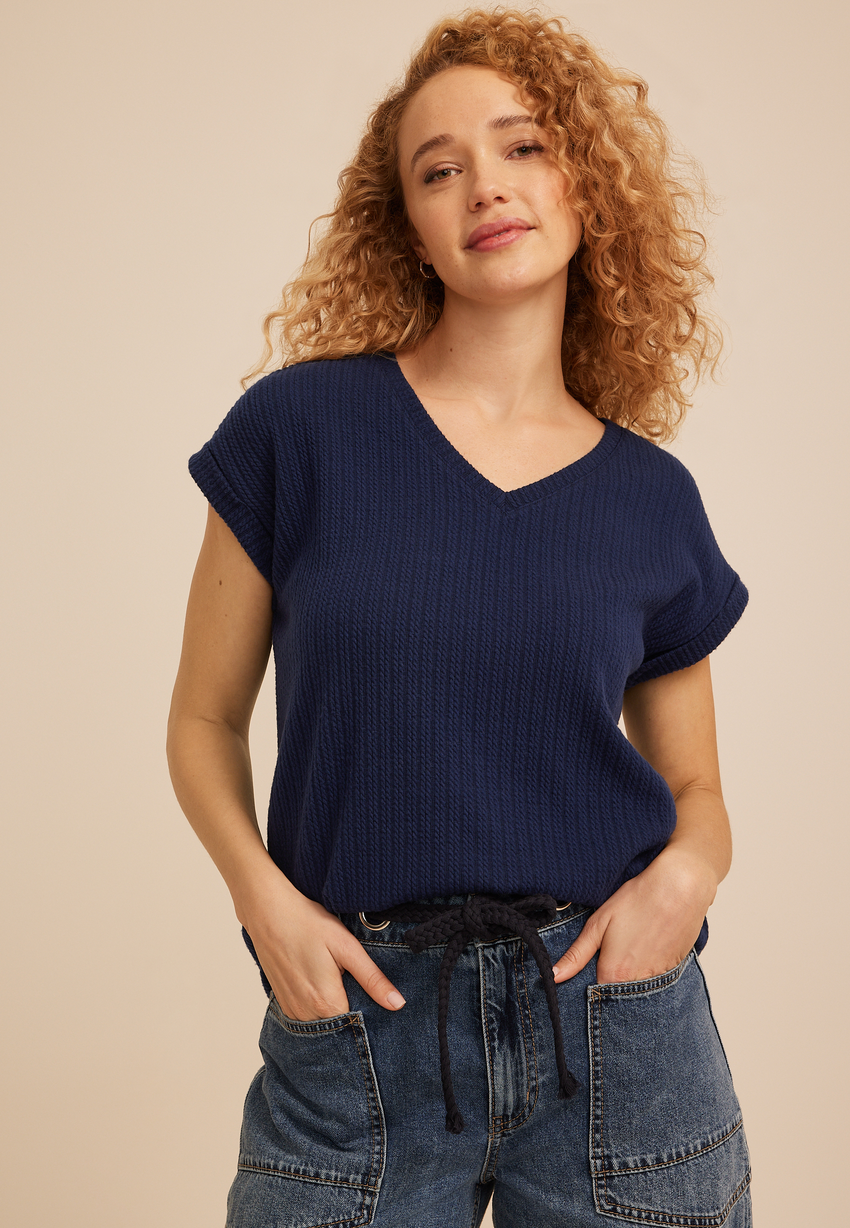 24/7 Berkley Cable Knit V Neck Short Sleeve Tee