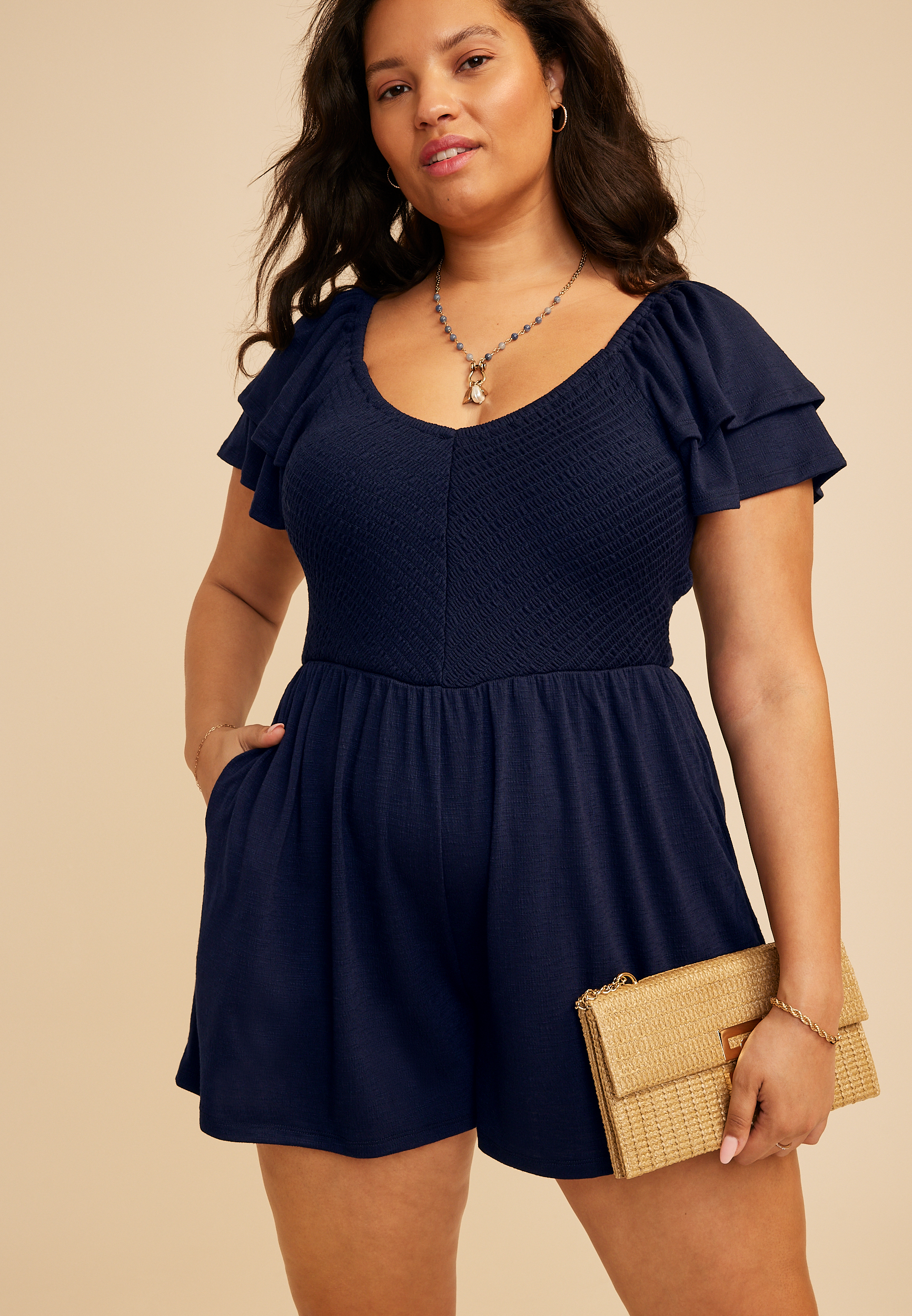 Plus Size Smocked Double Flutter Sleeve Romper