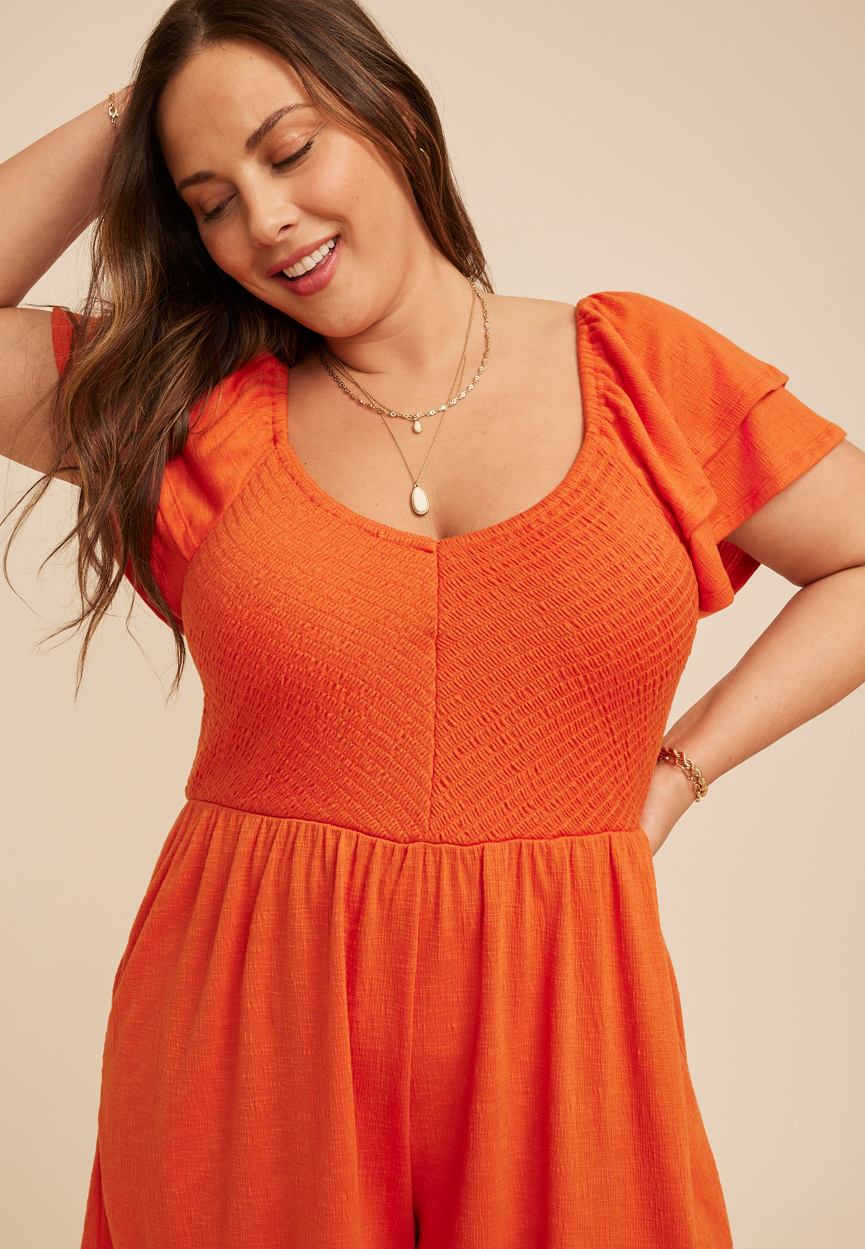 Plus Size Smocked Double Flutter Sleeve Romper, C3839, large