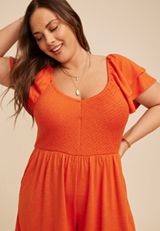 Plus Size Smocked Double Flutter Sleeve Romper, C3839, small
