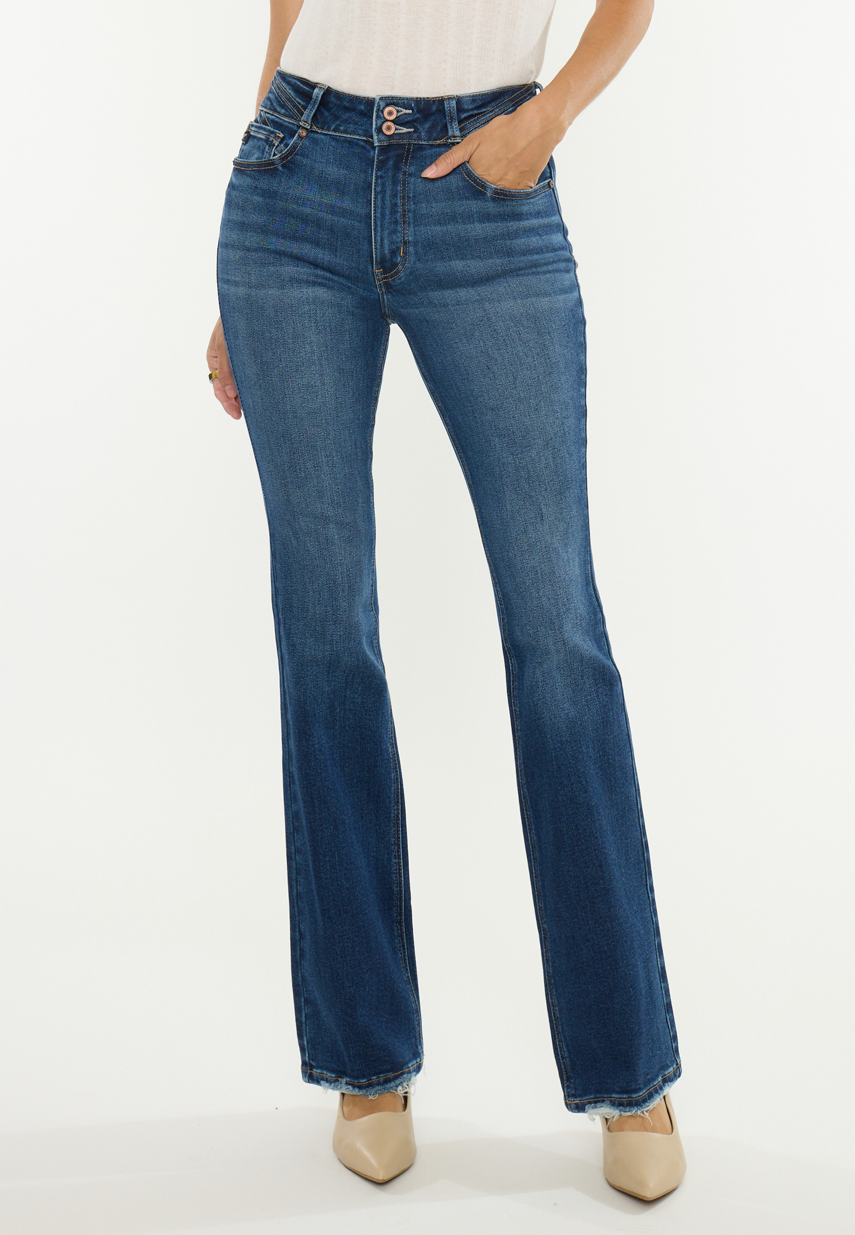 KanCan&trade; High Rise Double Button Pieced Waist Bootcut Jeans