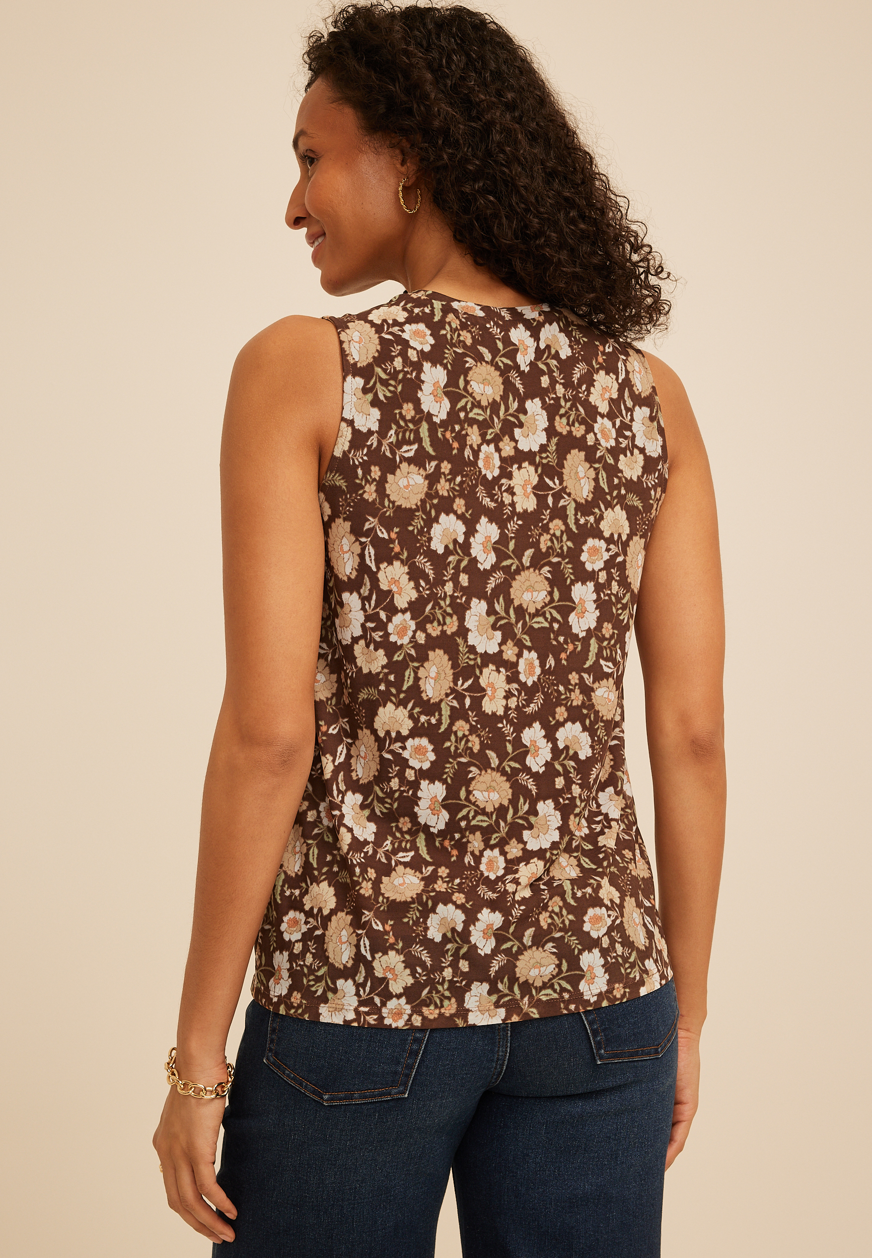 Floral Mesh Ruched Shoulder Tank Top, C1016, large