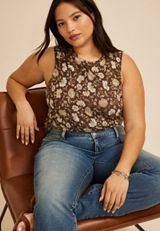 Plus Size Floral Mesh Ruched Shoulder Tank Top, CHESTNUT BROWN COMBO, small