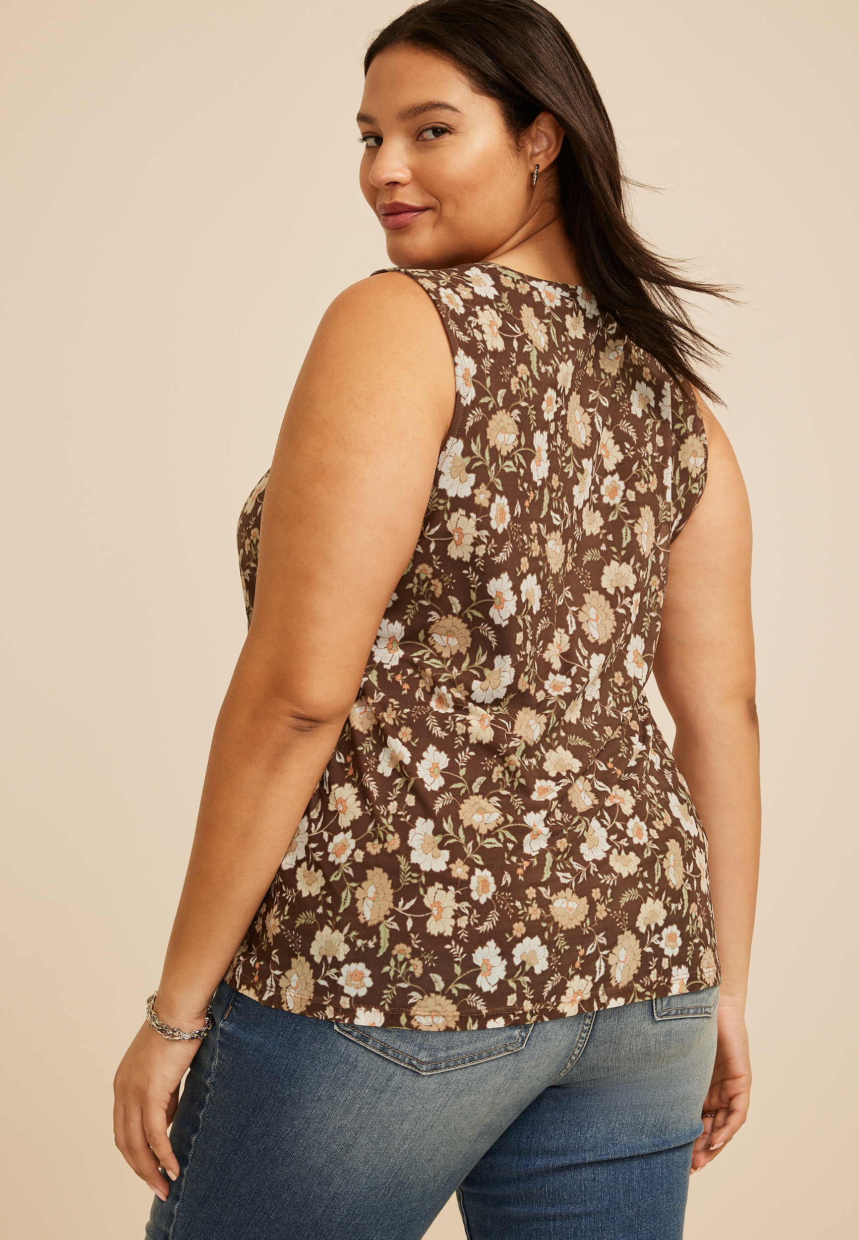 Plus Size Floral Mesh Ruched Shoulder Tank Top, CHESTNUT BROWN COMBO, large