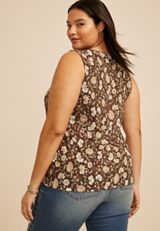 Plus Size Floral Mesh Ruched Shoulder Tank Top, CHESTNUT BROWN COMBO, small