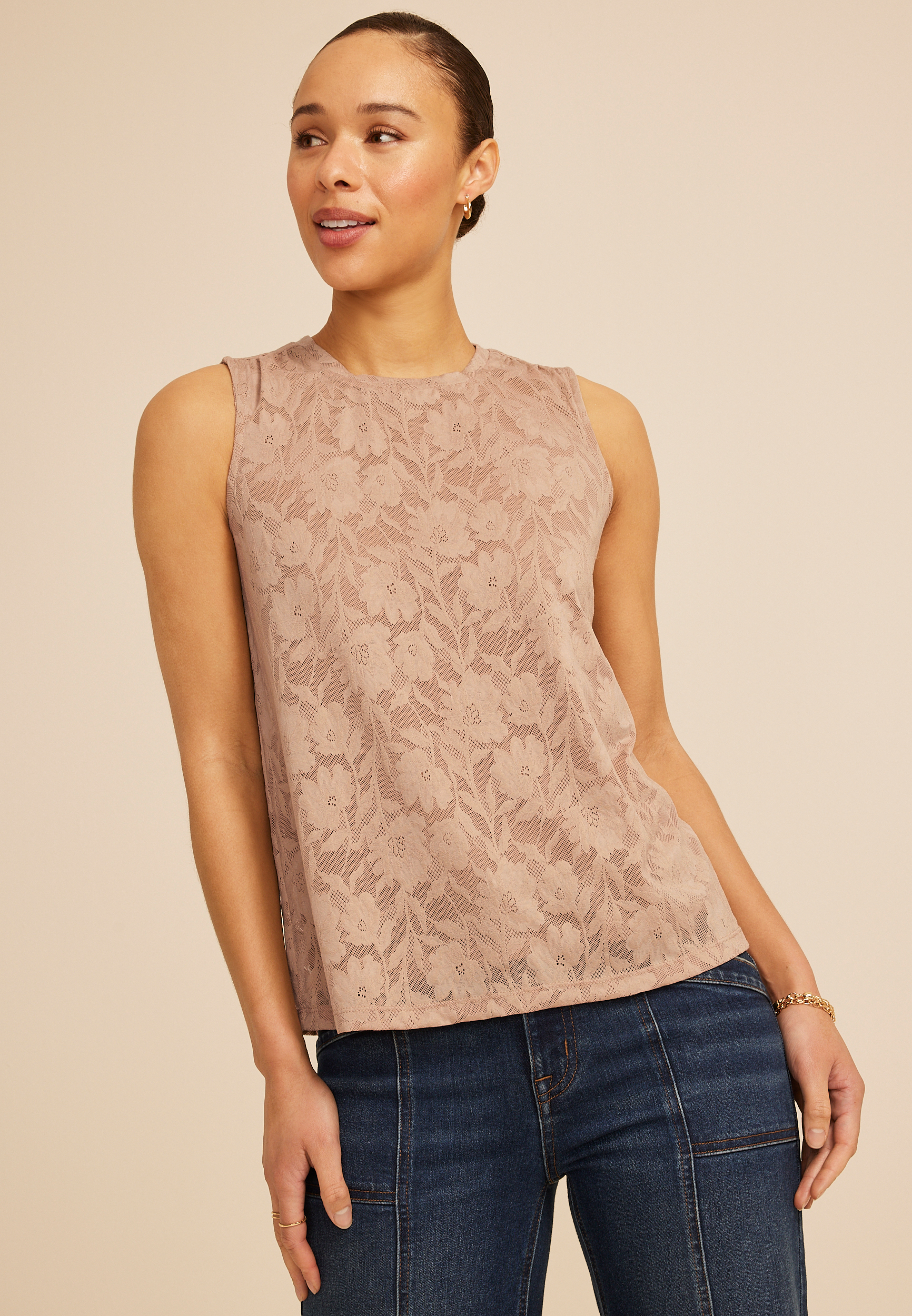 Floral Lace Ruched Shoulder Tank Top