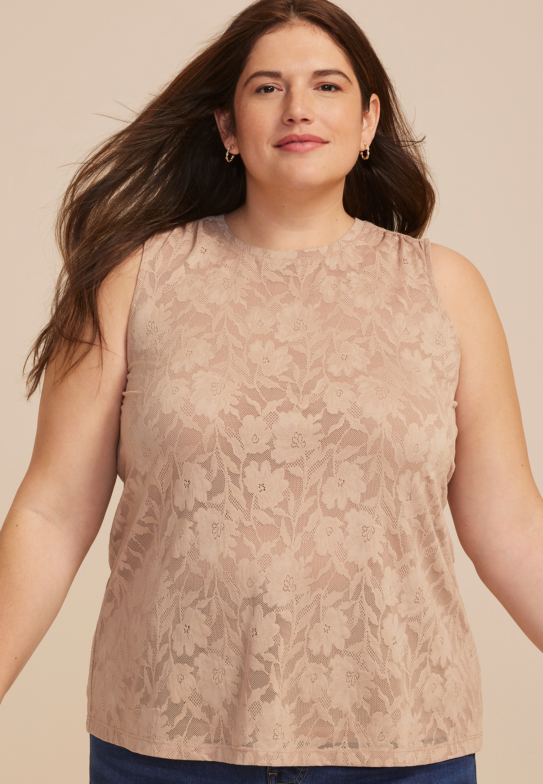 Plus Size Floral Lace Ruched Shoulder Tank Top