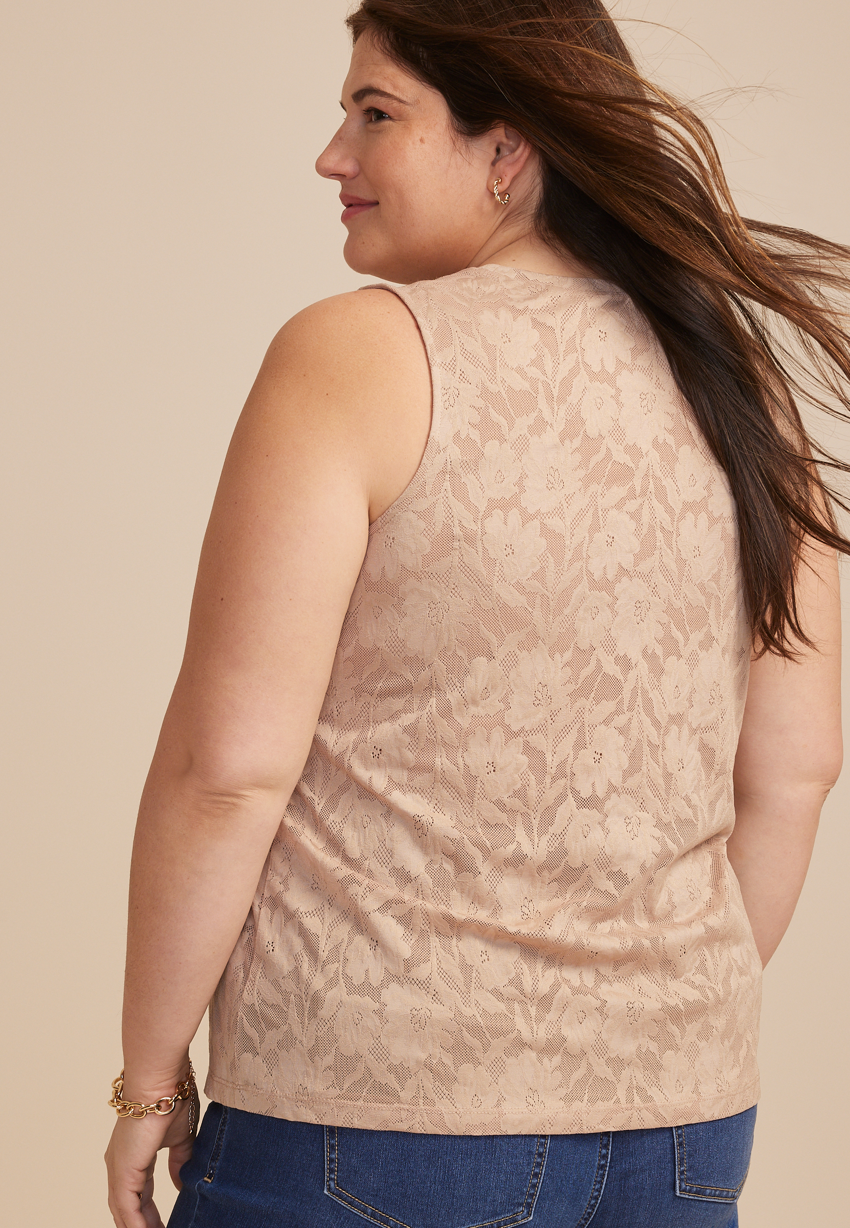 Plus Size Floral Lace Ruched Shoulder Tank Top, C5724, large