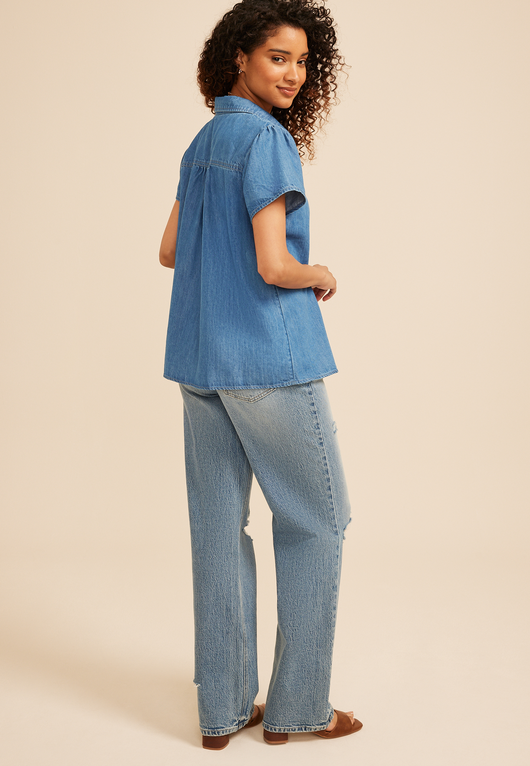 Chambray Button Front Collared Shirt, C8138, large