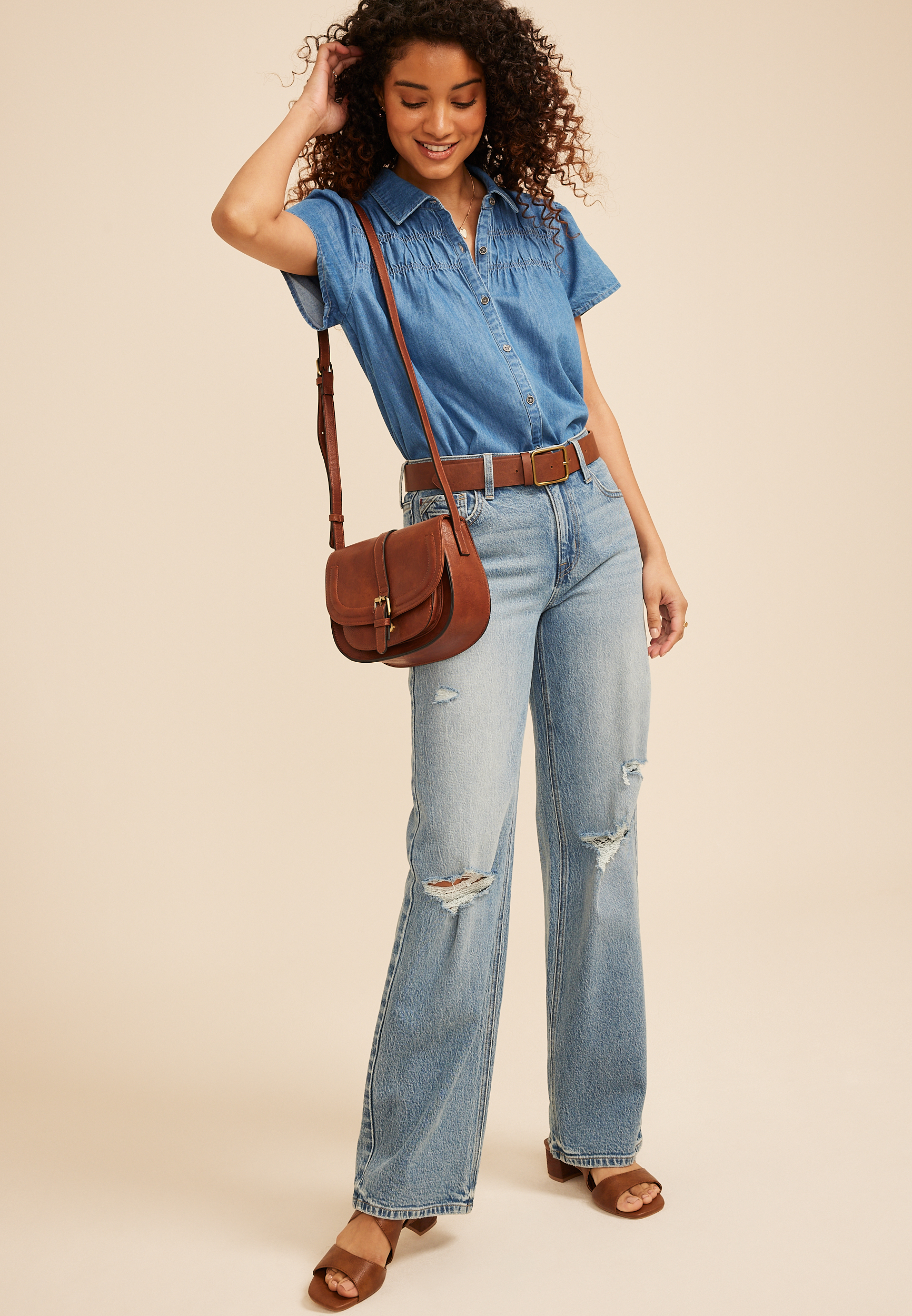 Chambray Button Front Collared Shirt, C8138, large