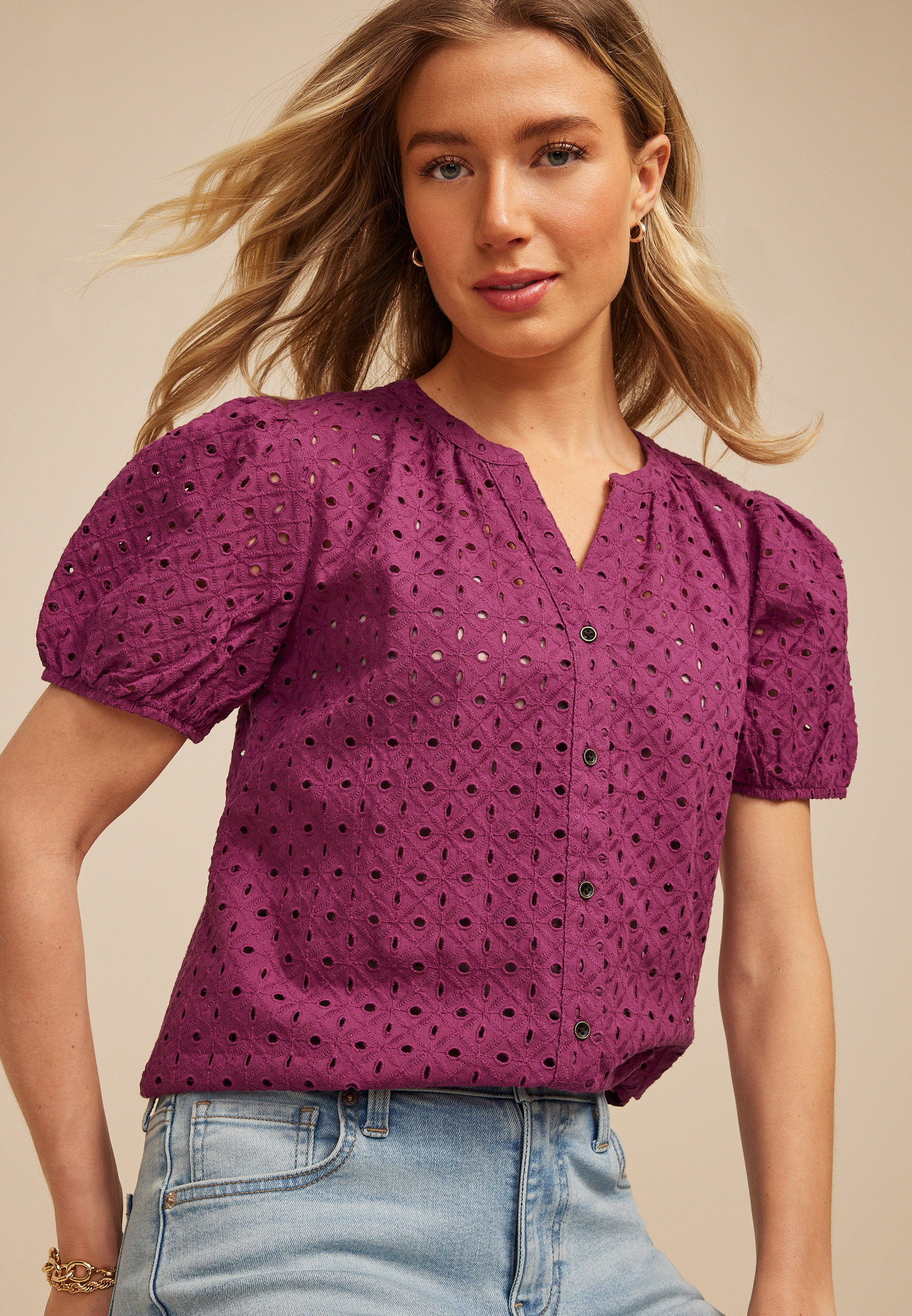 Eyelet Puff Sleeve Button Front Blouse