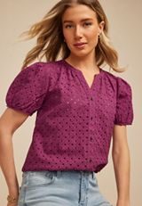 Eyelet Puff Sleeve Button Front Blouse, C1617, small