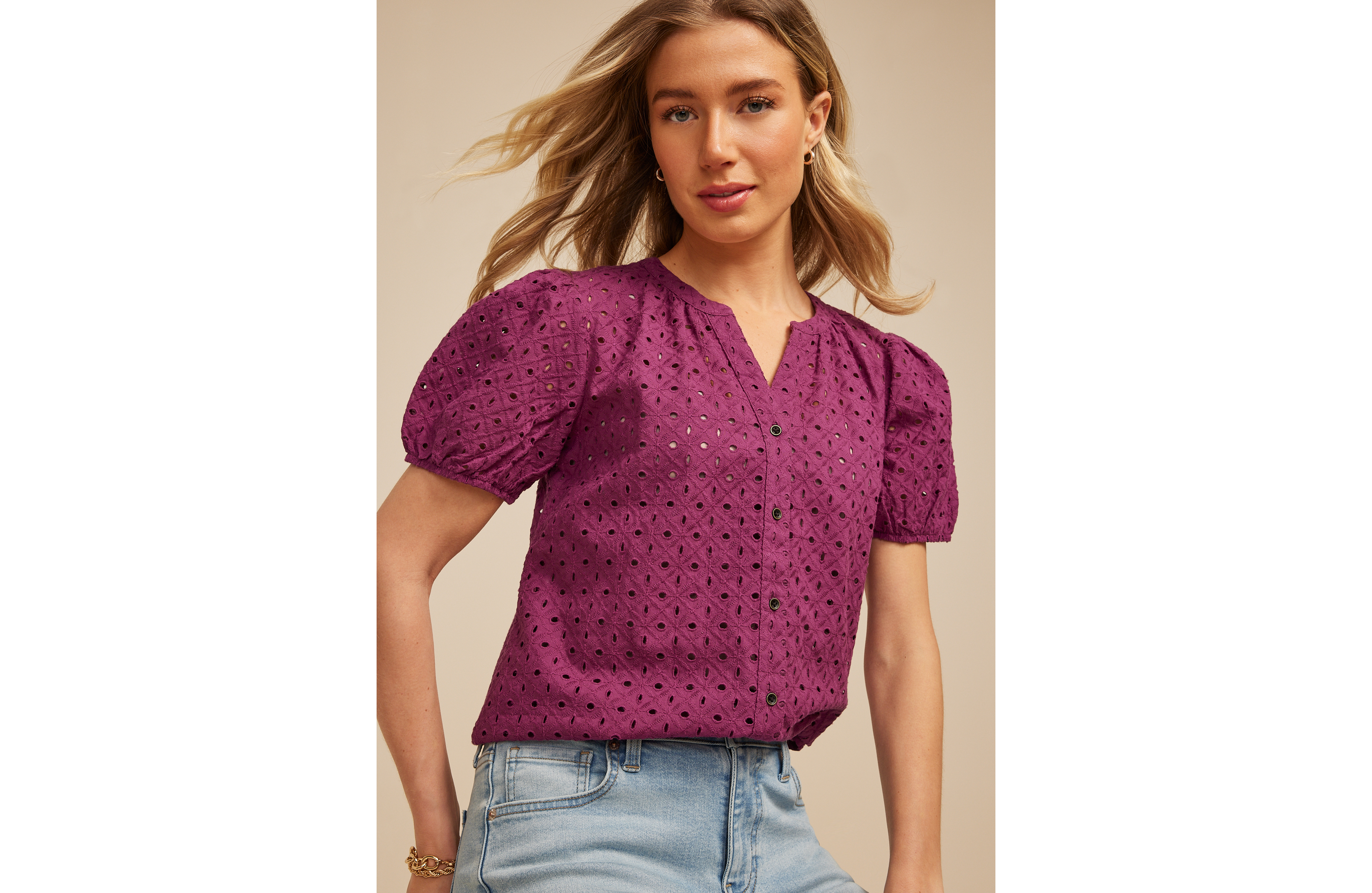 Eyelet Puff Sleeve Button Front Blouse