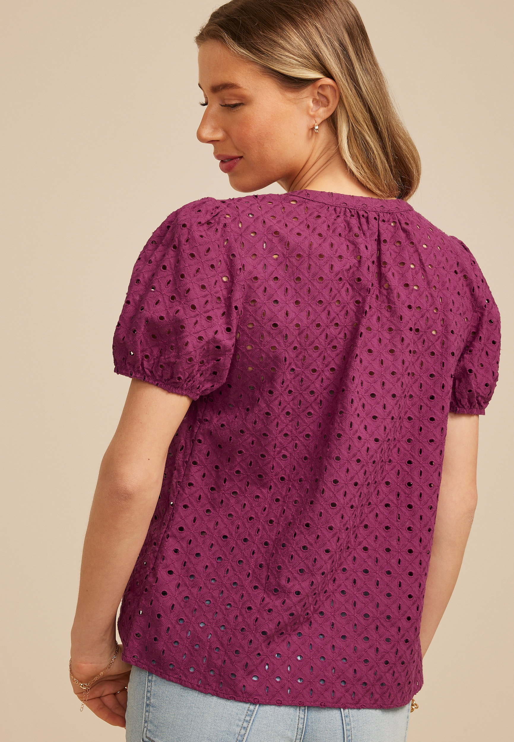 Eyelet Puff Sleeve Button Front Blouse, C1617, large
