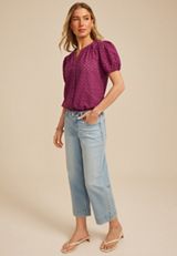 Eyelet Puff Sleeve Button Front Blouse, C1617, small