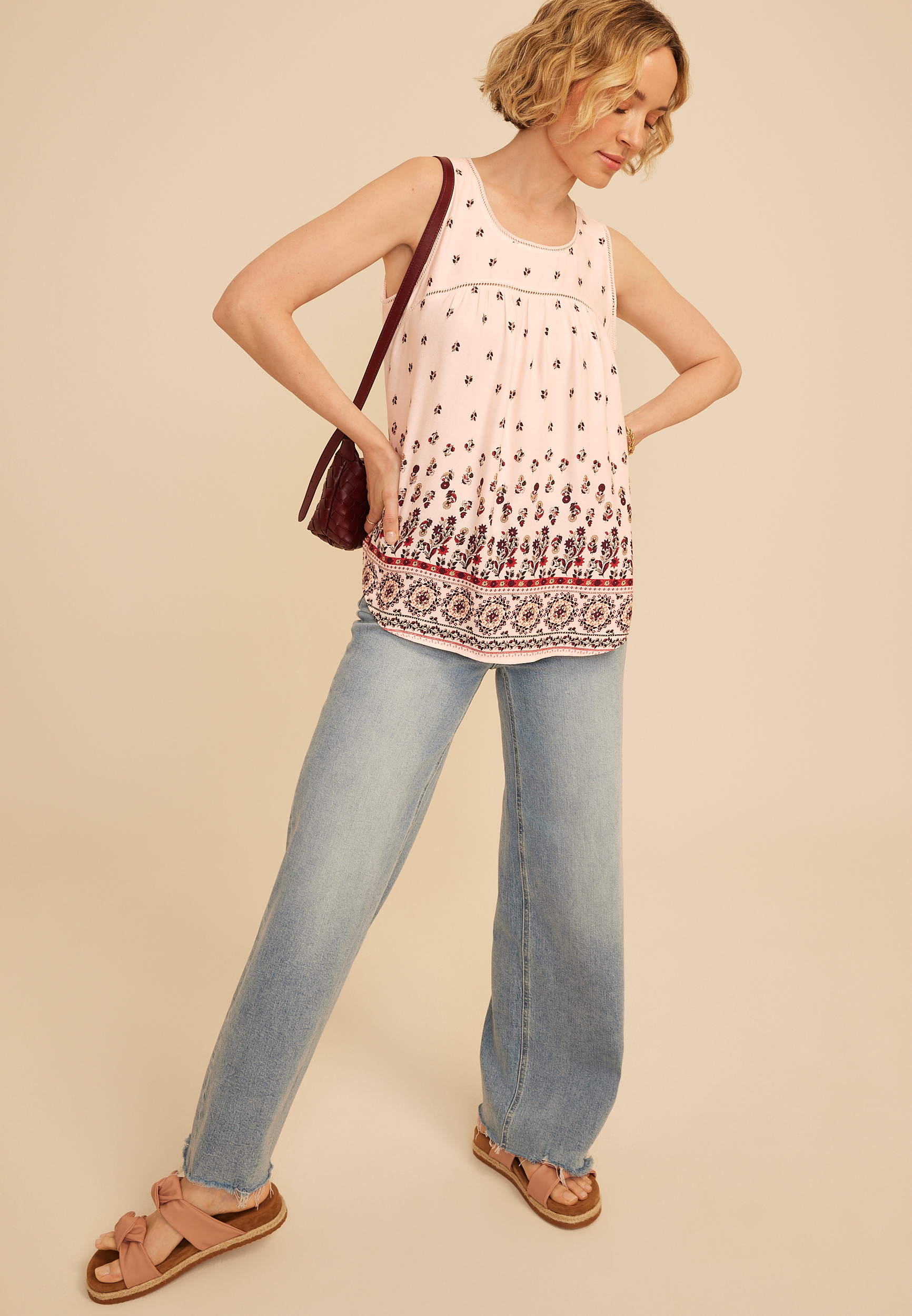 Floral Border Print Ladder Trim Tank Top, C8145, large