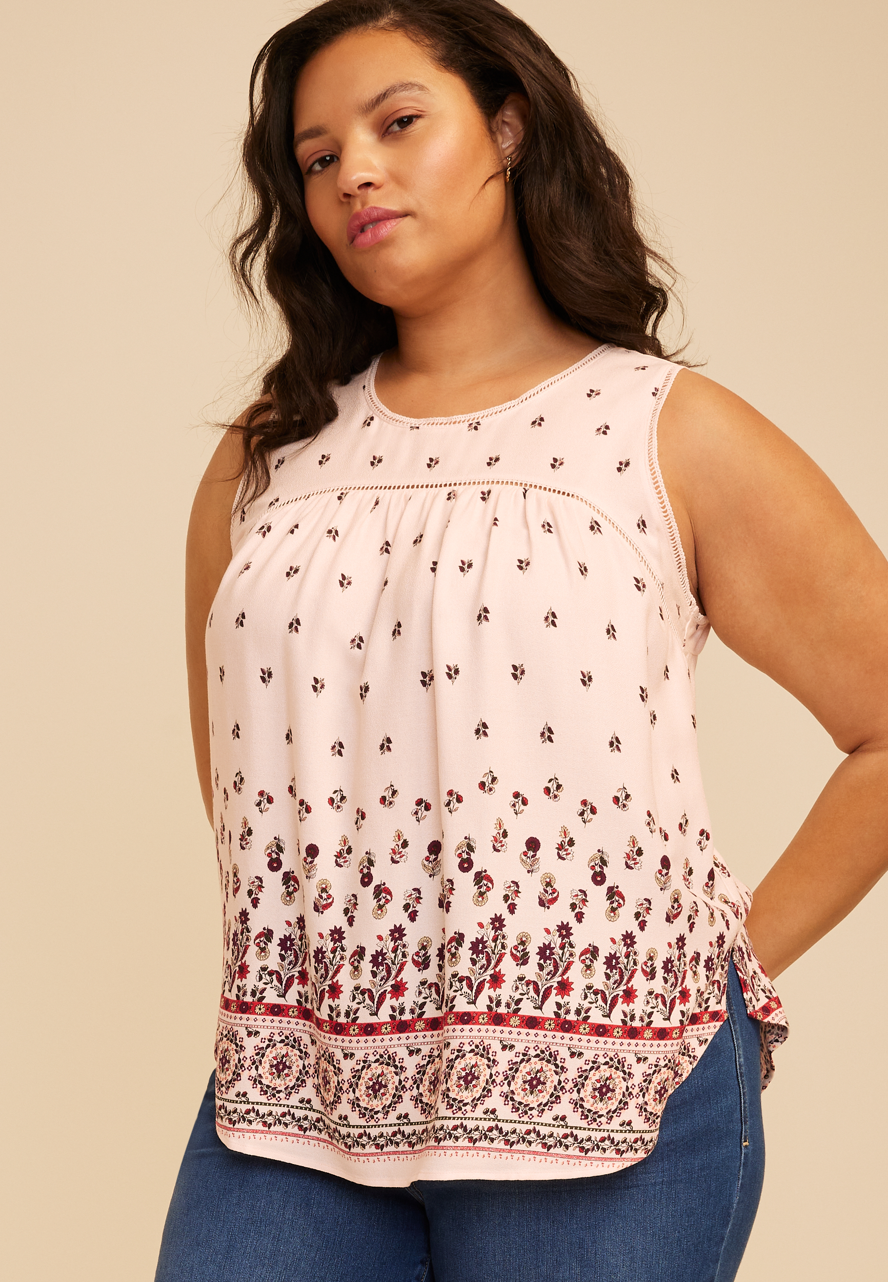 Plus Size Floral Border Print Ladder Trim Tank Top, C8145, large