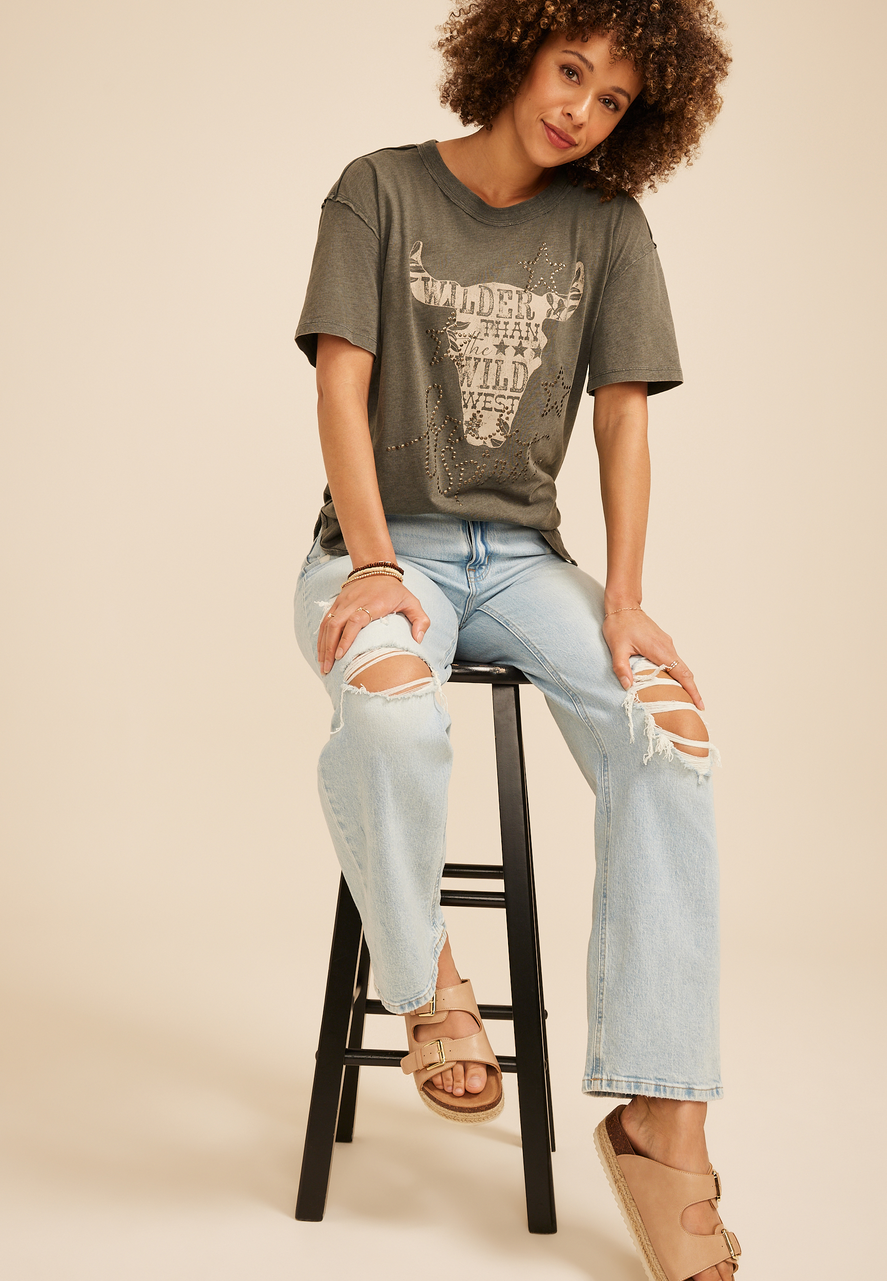 Free Spirit Studded Oversized Fit Graphic Tee, C1594, large