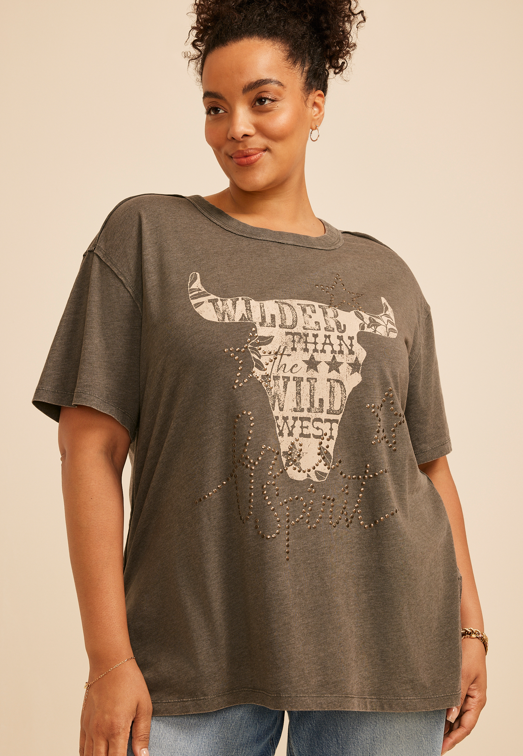 Plus Size Free Spirit Studded Oversized Fit Graphic Tee