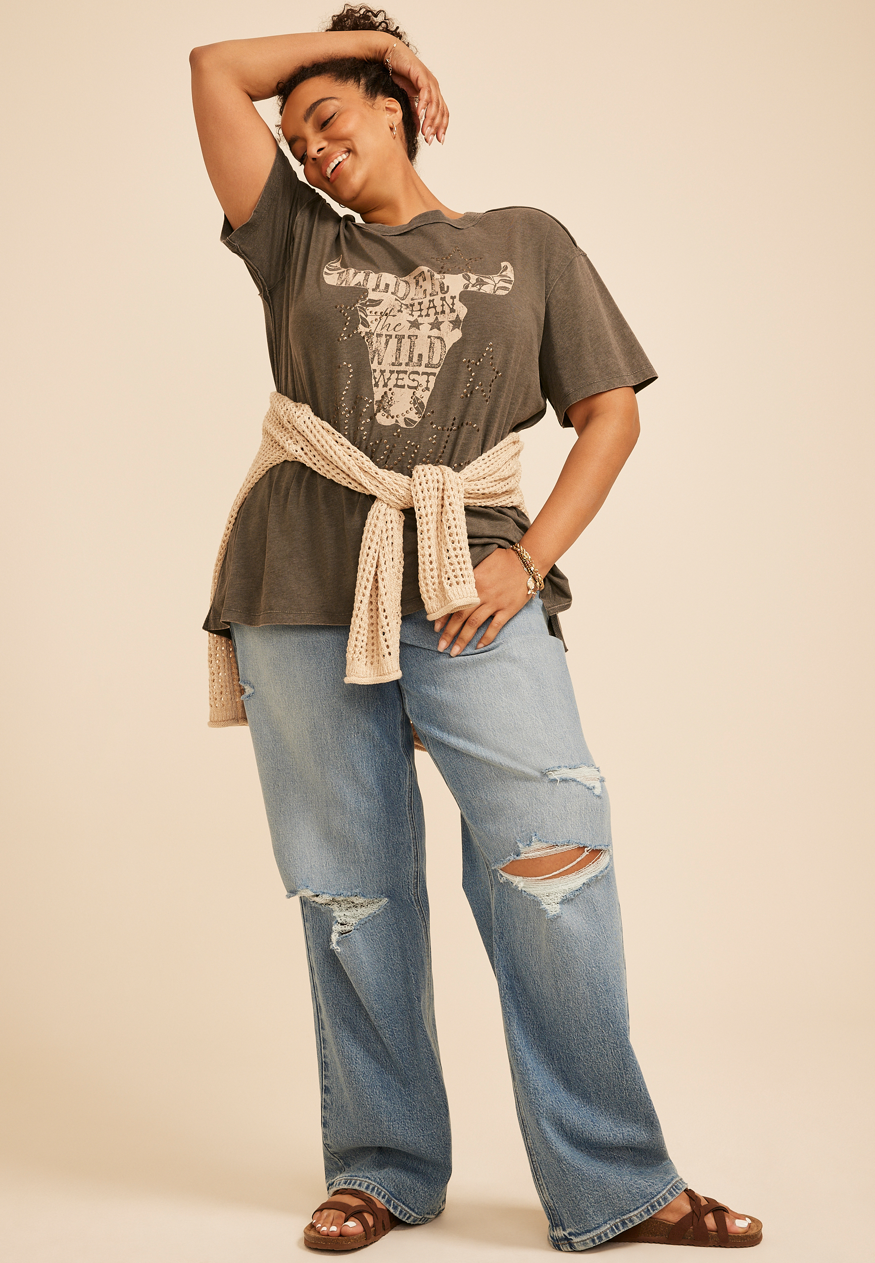 Plus Size Free Spirit Studded Oversized Fit Graphic Tee, C1594, large