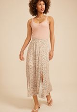 Floral Crinkle Gauze Side Button Slit Maxi Skirt, C9183, small