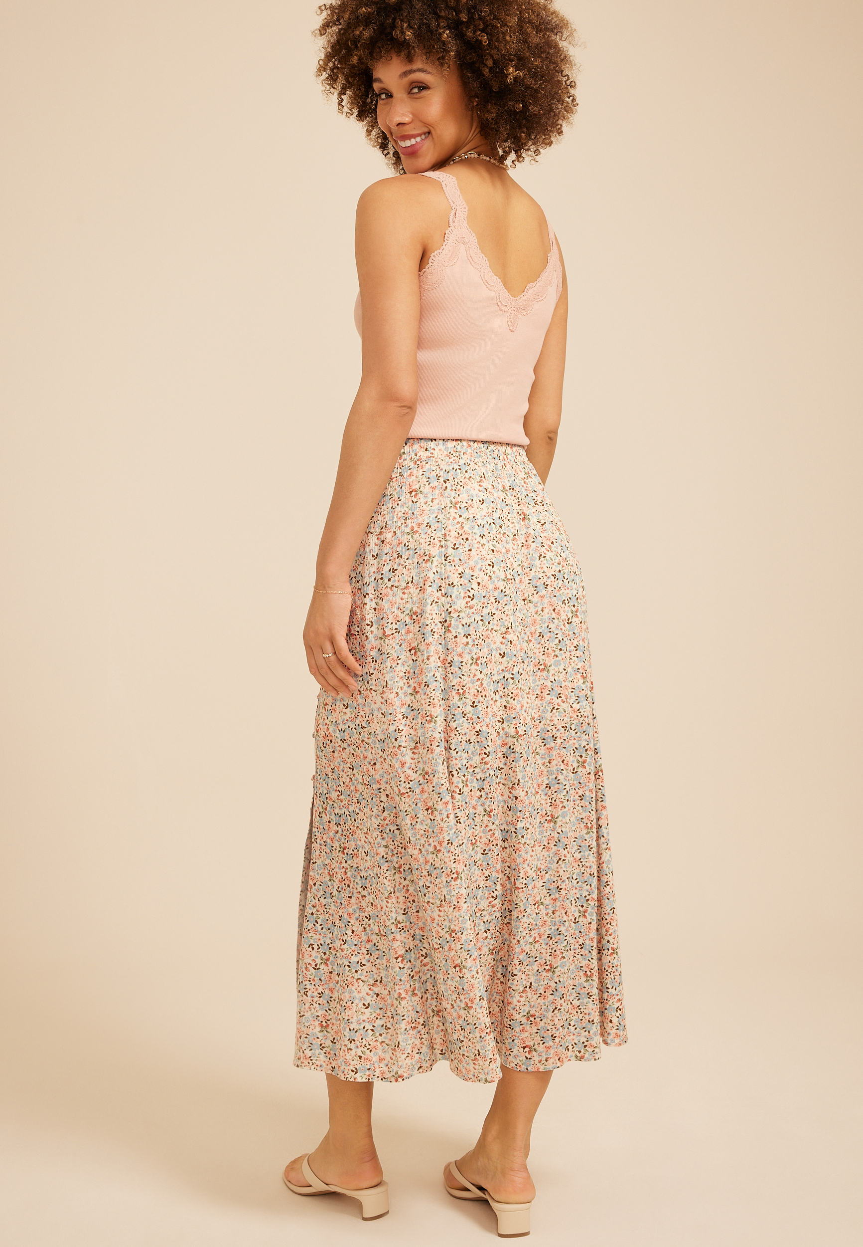 Floral Crinkle Gauze Side Button Slit Maxi Skirt | maurices
