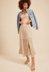 Floral Crinkle Gauze Side Button Slit Maxi Skirt, C9183, small