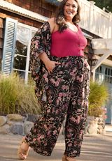 Plus Size Paisley Floral Print Palazzo High Rise Pant, C1756, small