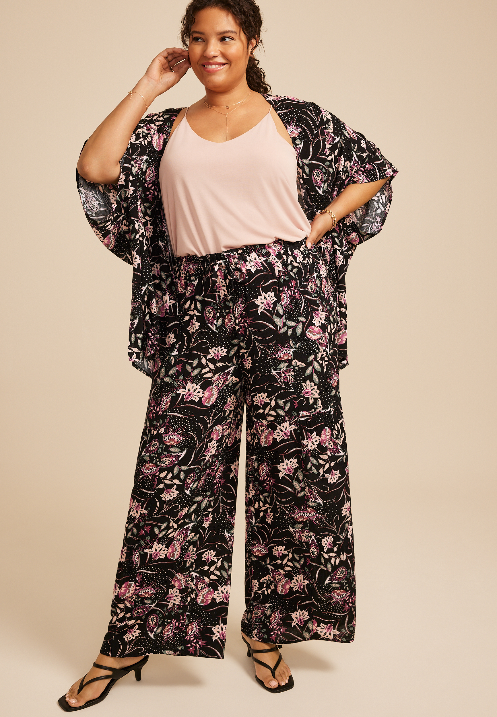 Plus Size Paisley Floral Print Palazzo High Rise Pant, C1756, large