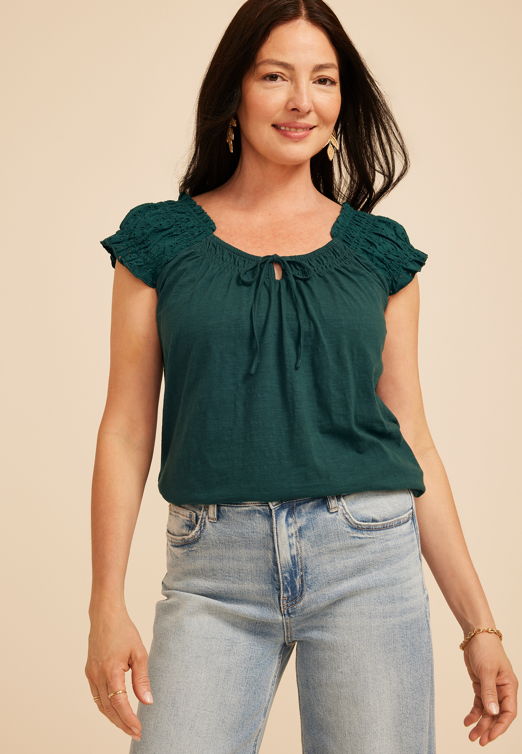 Eyelet Smocked Scoop Neck Tie Front Top