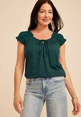 Eyelet Smocked Scoop Neck Tie Front Top, C2735, small