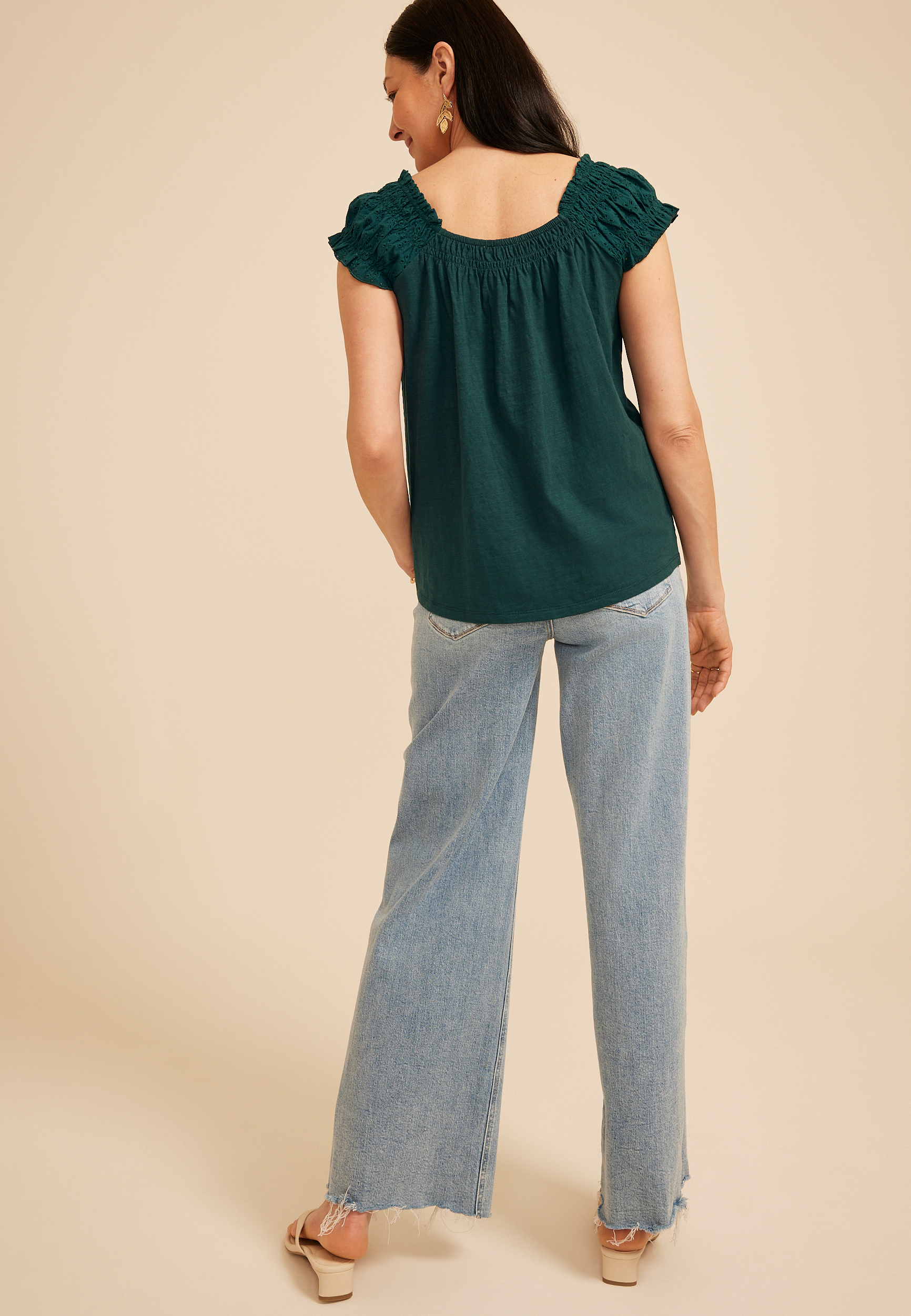 Eyelet Smocked Scoop Neck Tie Front Top, C2735, large