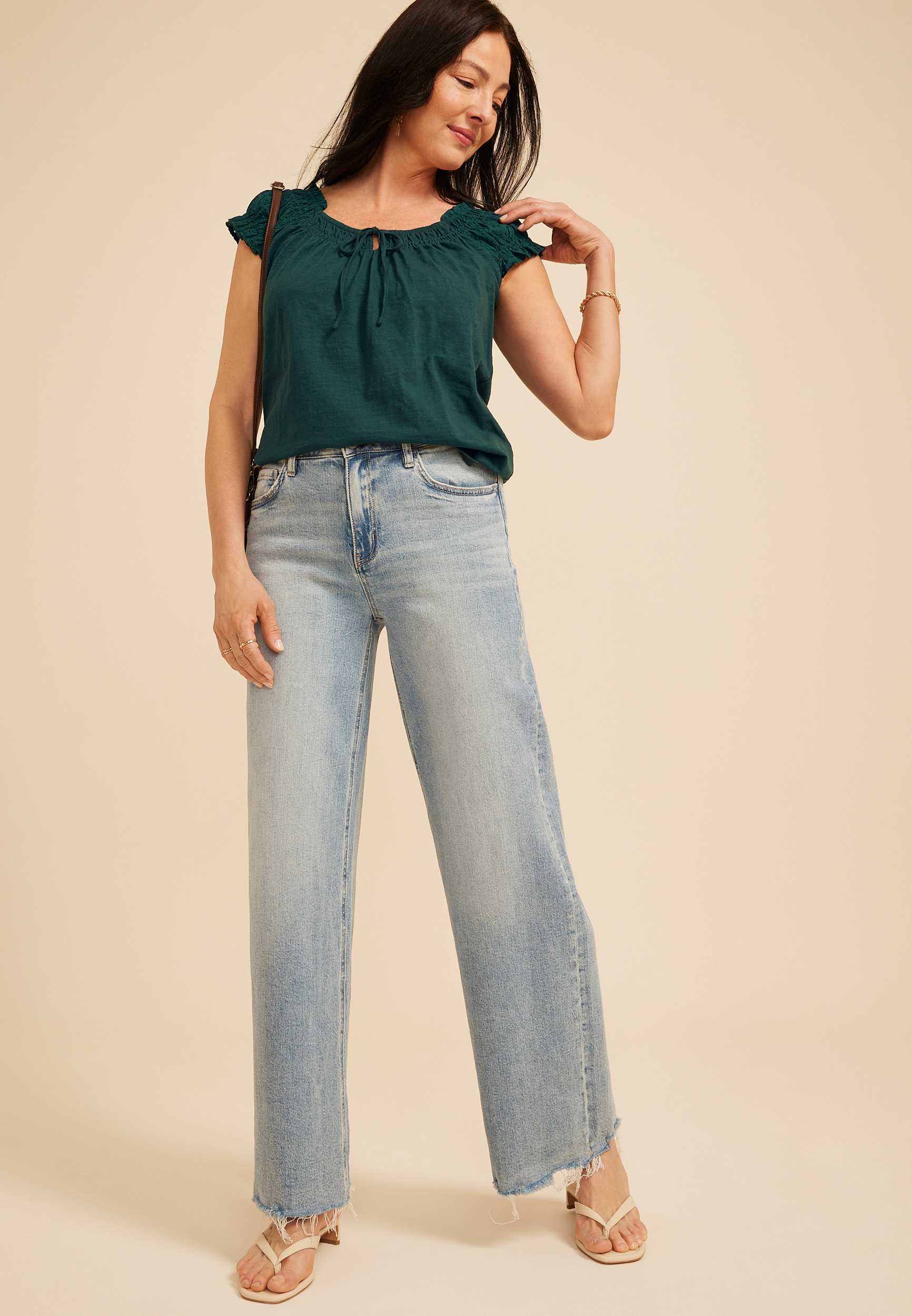 Eyelet Smocked Scoop Neck Tie Front Top, C2735, large