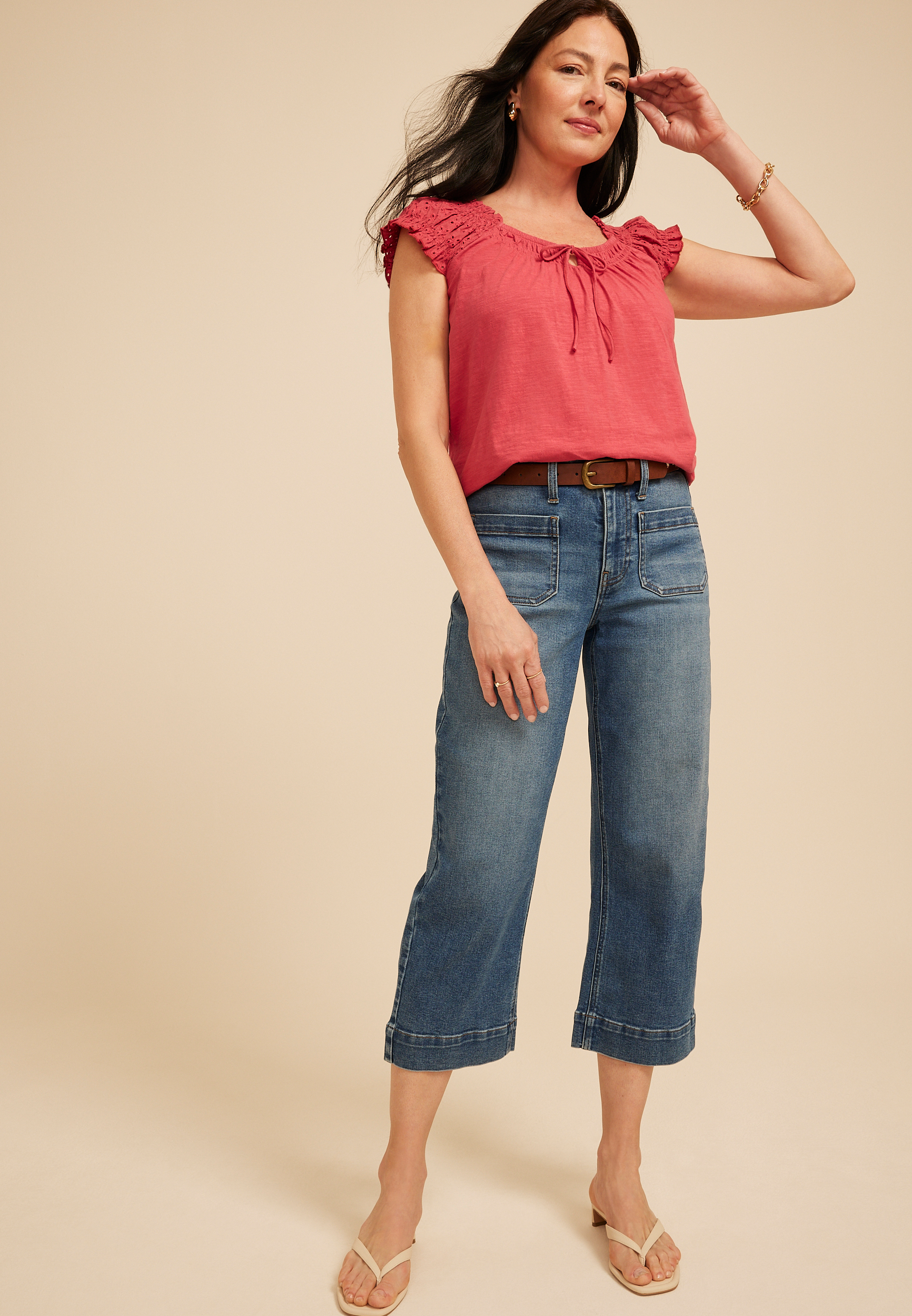 Eyelet Smocked Scoop Neck Tie Front Top