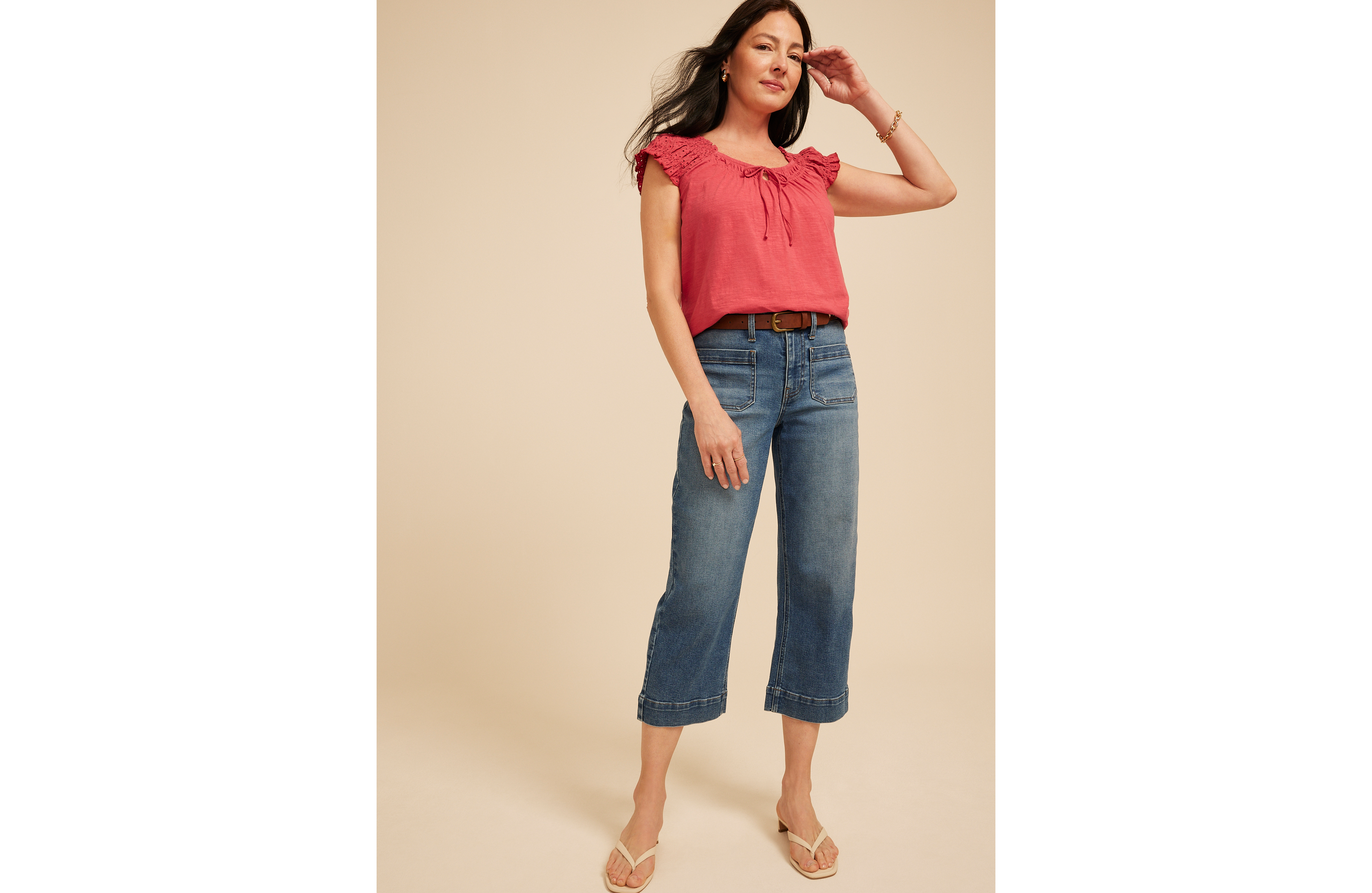 Eyelet Smocked Scoop Neck Tie Front Top