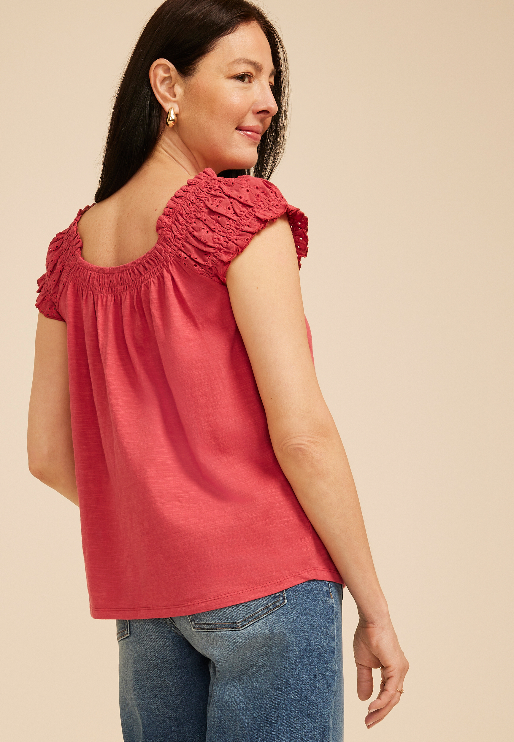 Eyelet Smocked Scoop Neck Tie Front Top