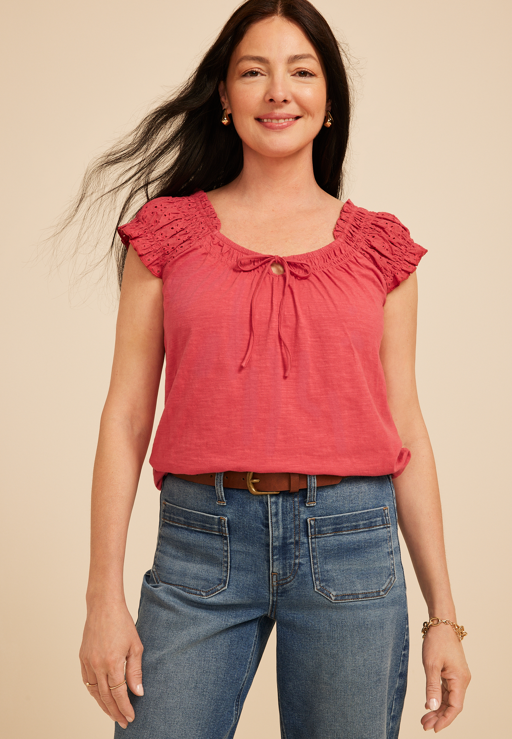 Eyelet Smocked Scoop Neck Tie Front Top