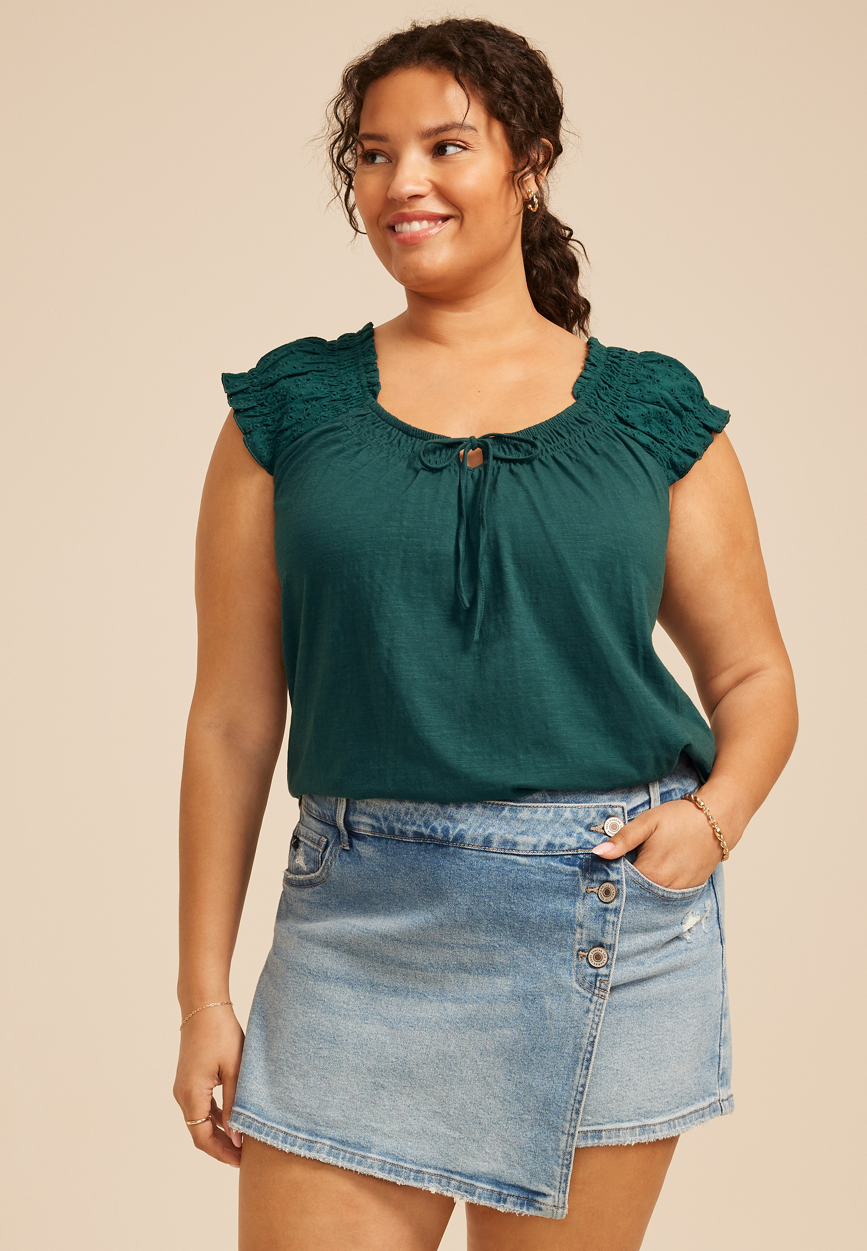 Plus Size Eyelet Smocked Scoop Neck Tie Front Top