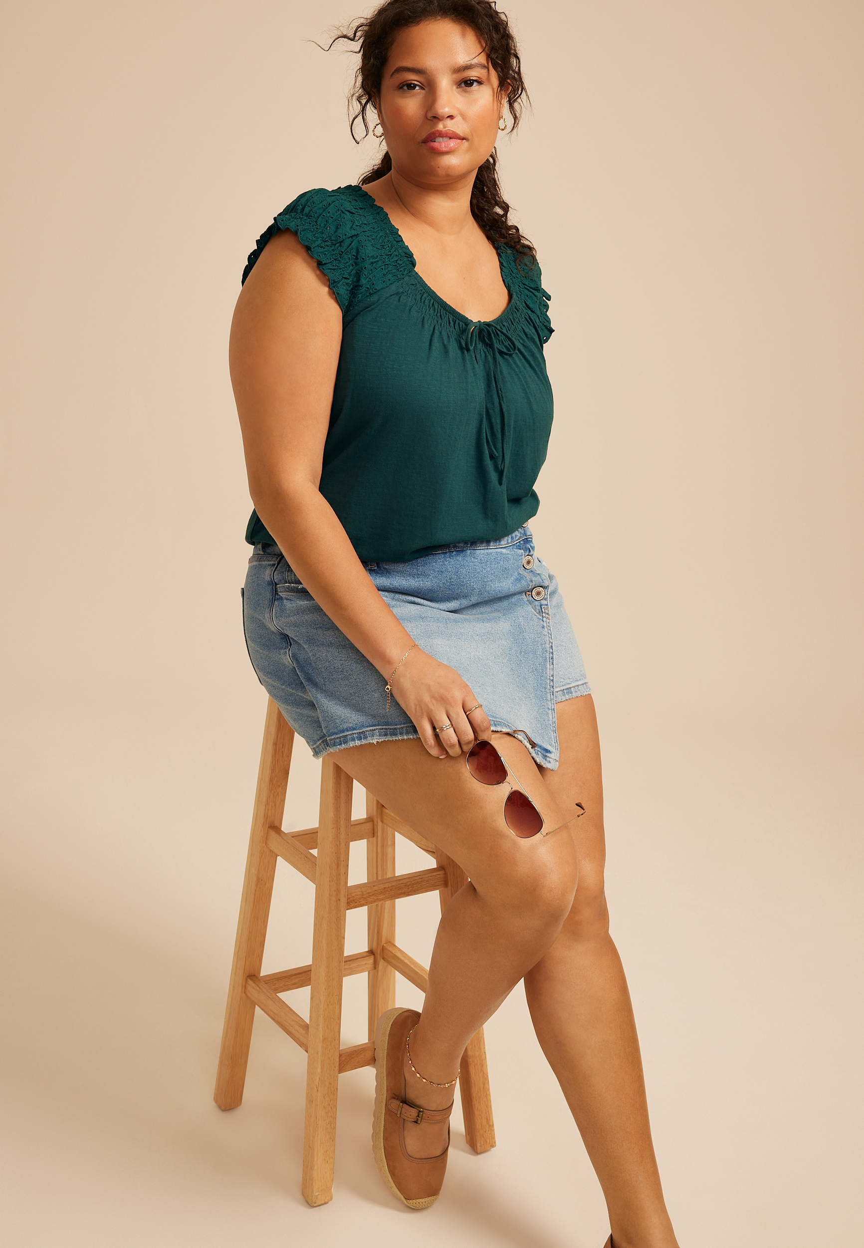 Plus Size Eyelet Smocked Scoop Neck Tie Front Top | maurices