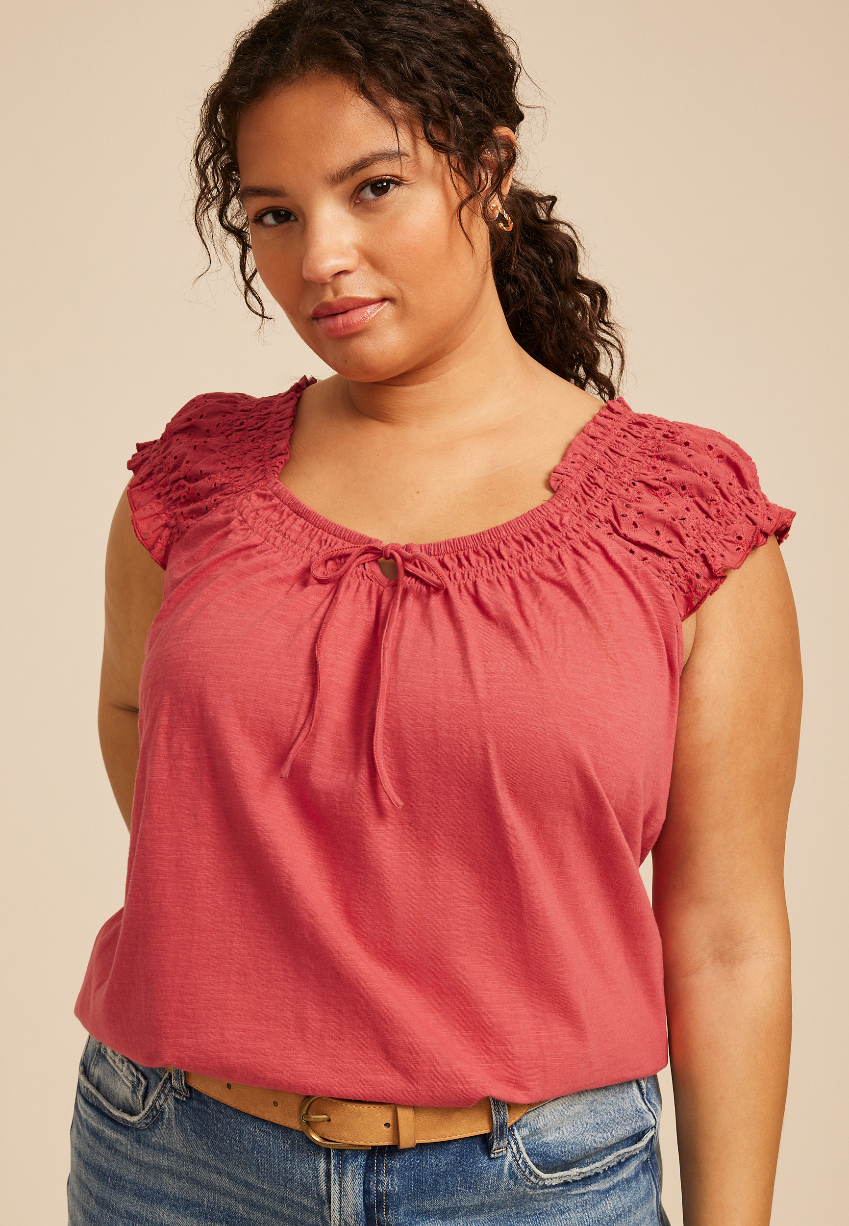 Plus Size Eyelet Smocked Scoop Neck Tie Front Top