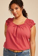 Plus Size Eyelet Smocked Scoop Neck Tie Front Top, C4547, small