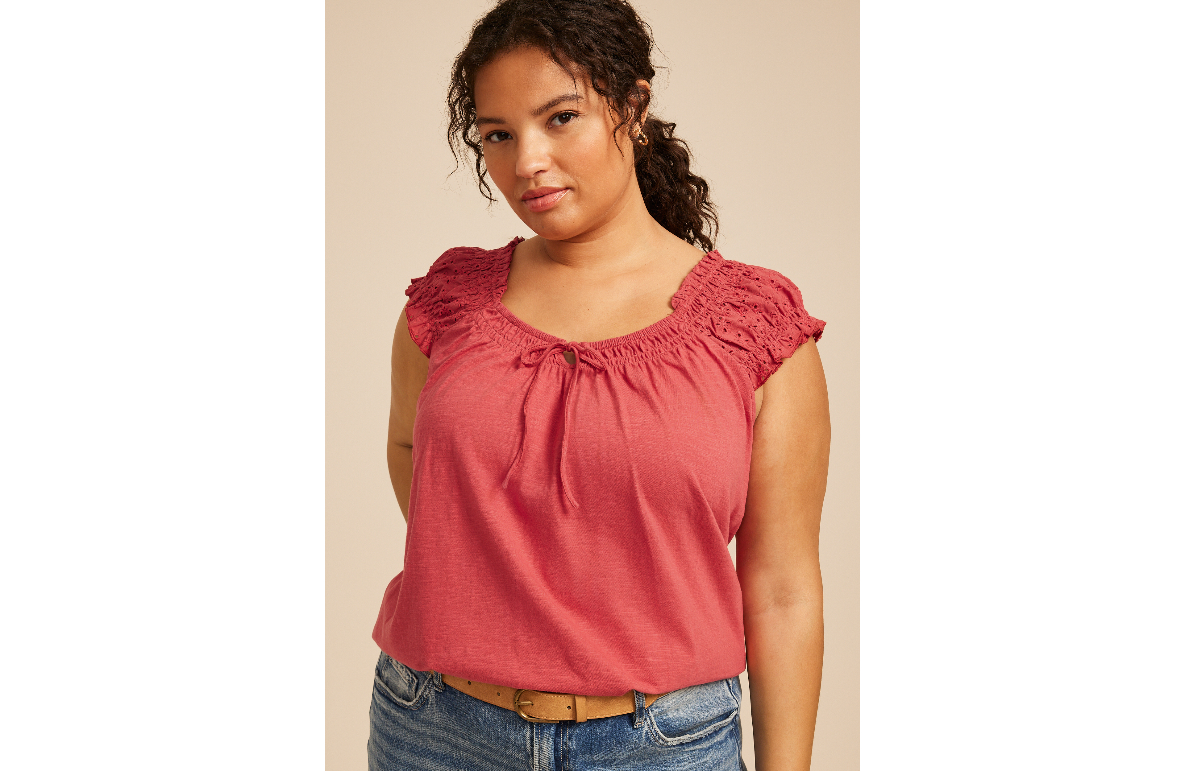 Plus Eyelet Smocked Scoop Neck Tie Front Top