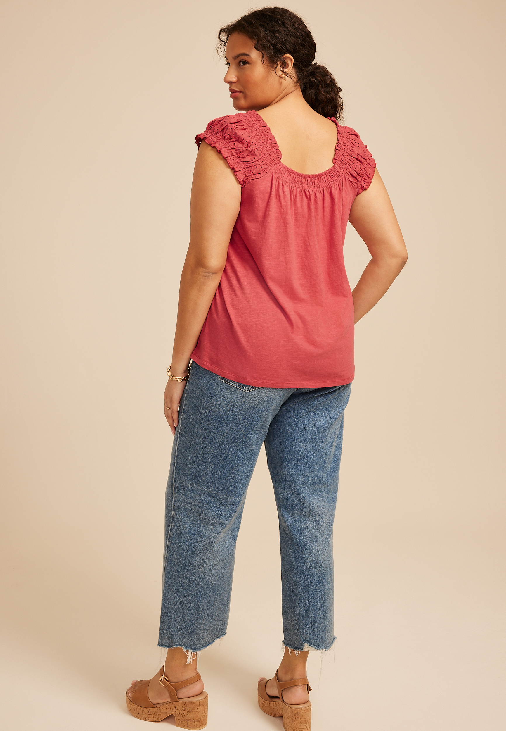 Plus Size Eyelet Smocked Scoop Neck Tie Front Top, C4547, large