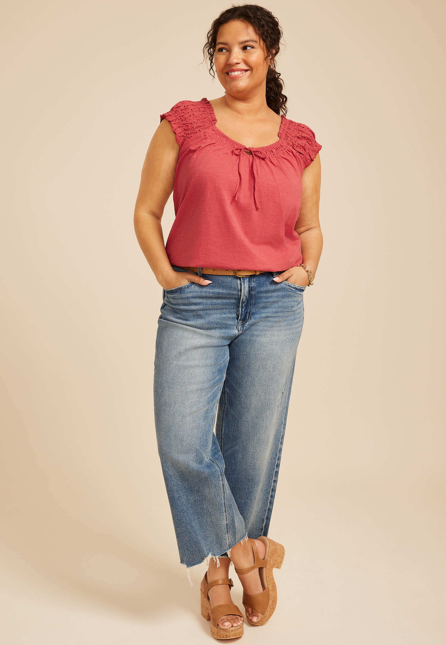 Plus Size Eyelet Smocked Scoop Neck Tie Front Top, C4547, large