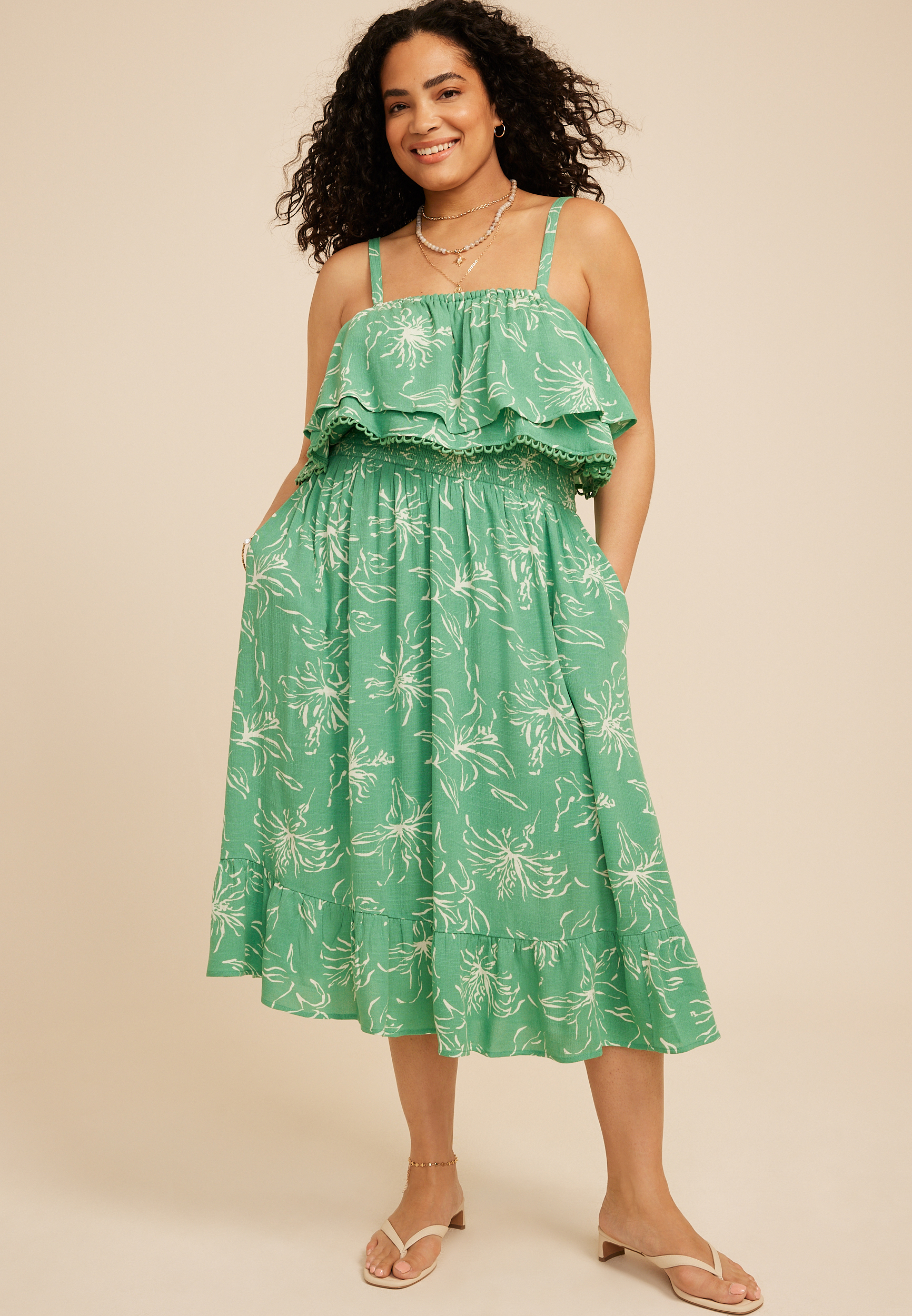 Plus Size Bare Floral Print Tiered Midi Dress