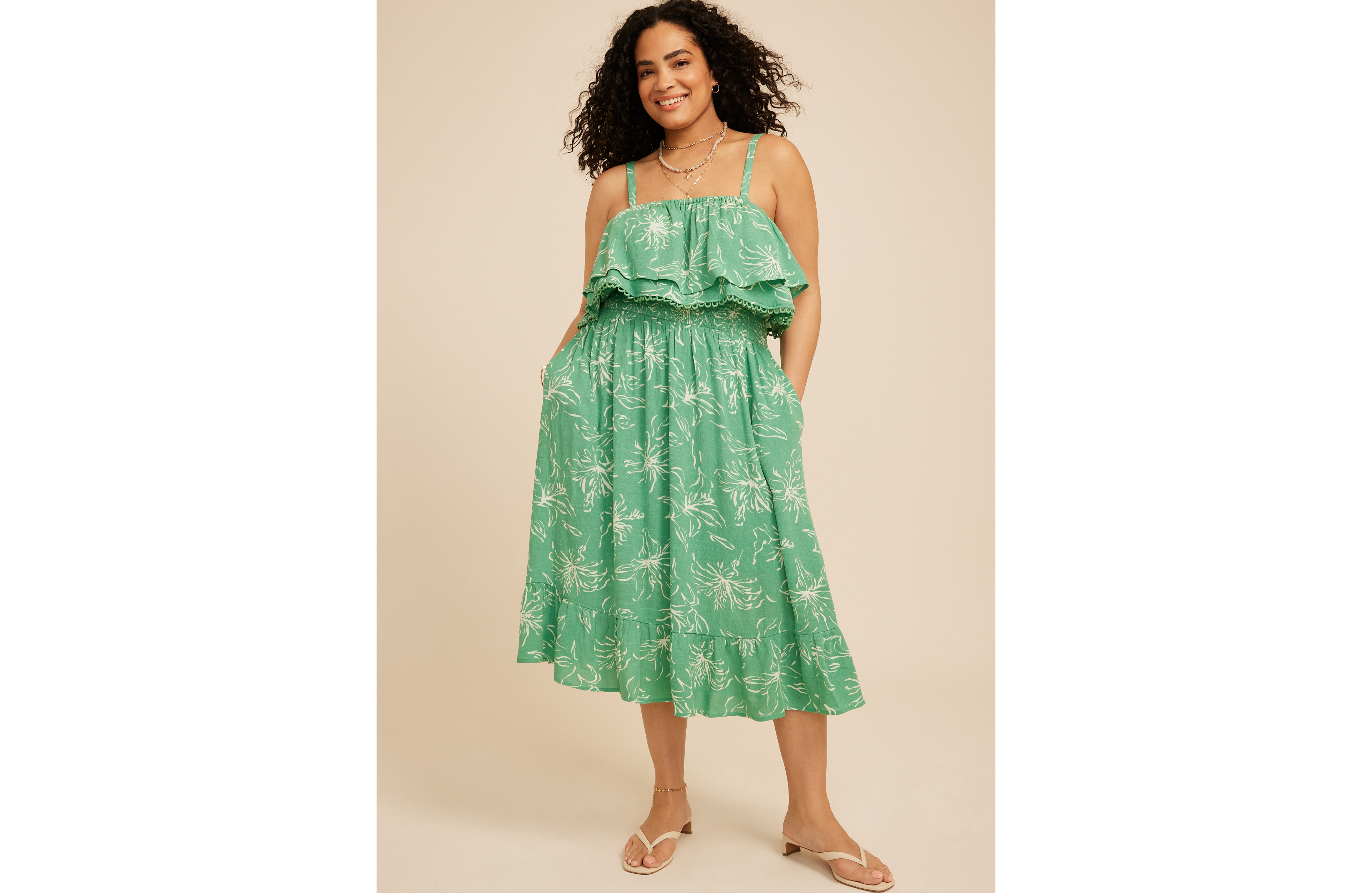 Plus Bare Floral Print Tiered Midi Dress