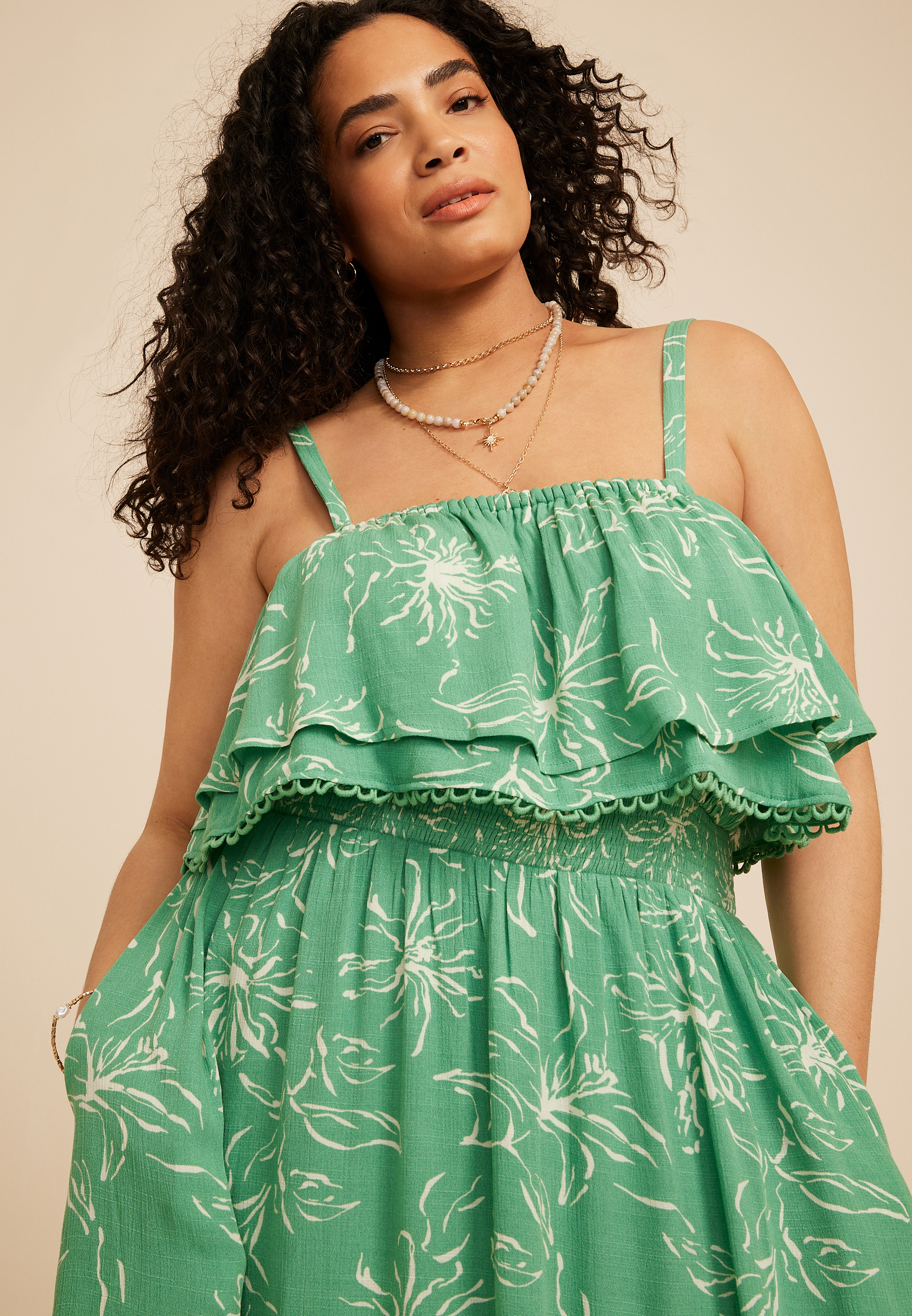 Plus Size Bare Floral Print Tiered Midi Dress, C2721, large