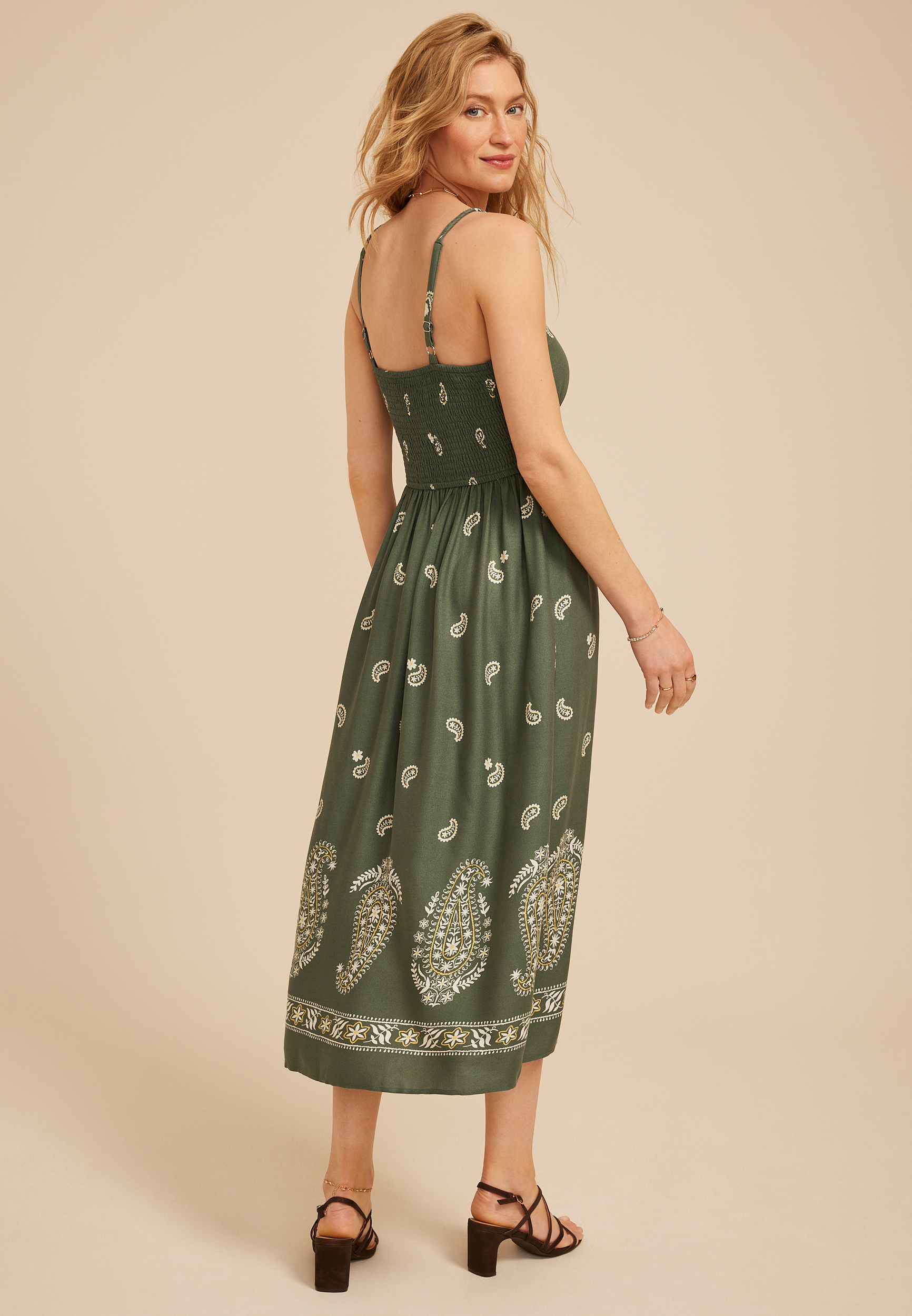 Maurices Women's Paisley Border Print Midi Dress Green Size XX Large
