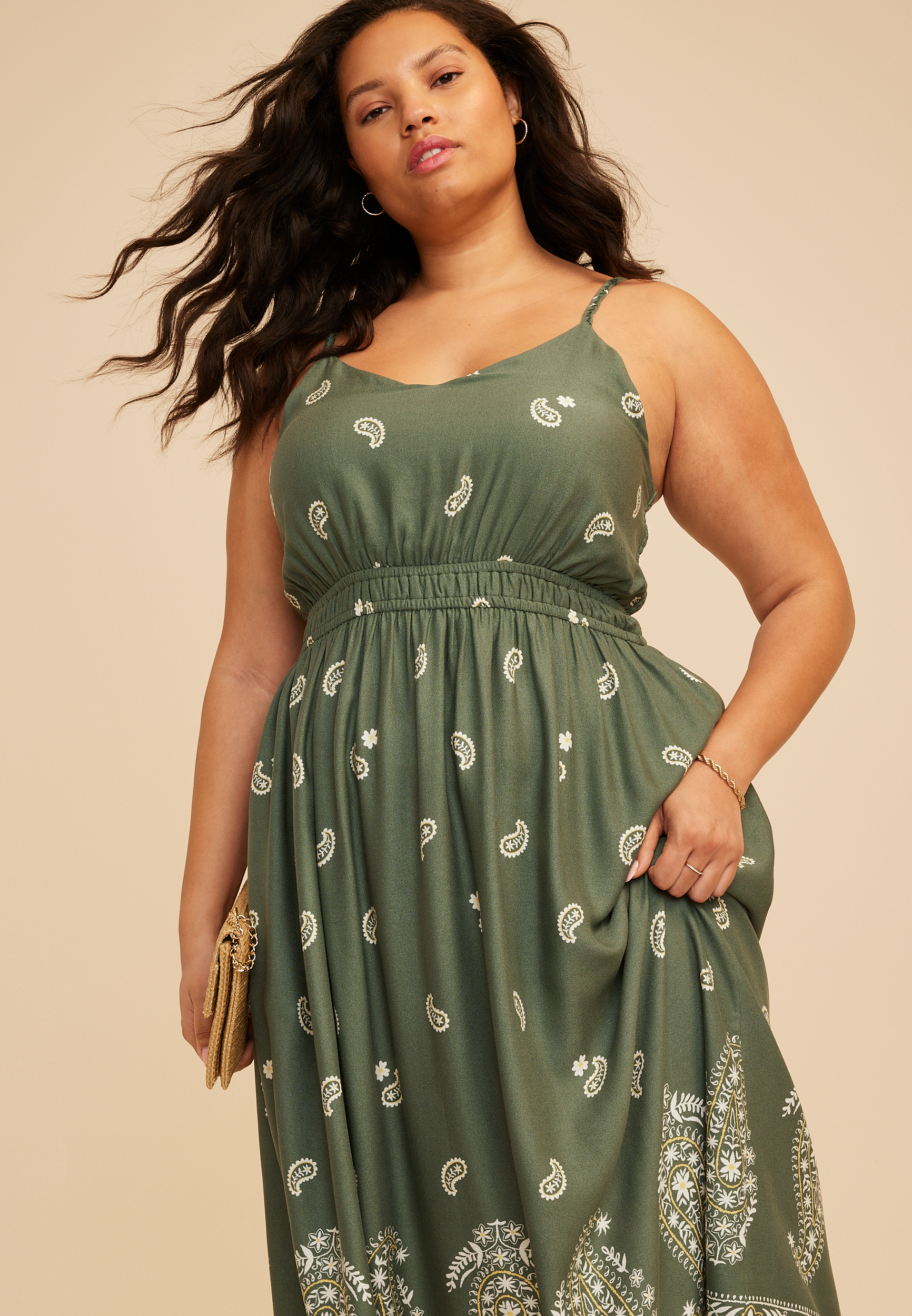 Plus Size Paisley Border Print Midi Dress, C8260, large