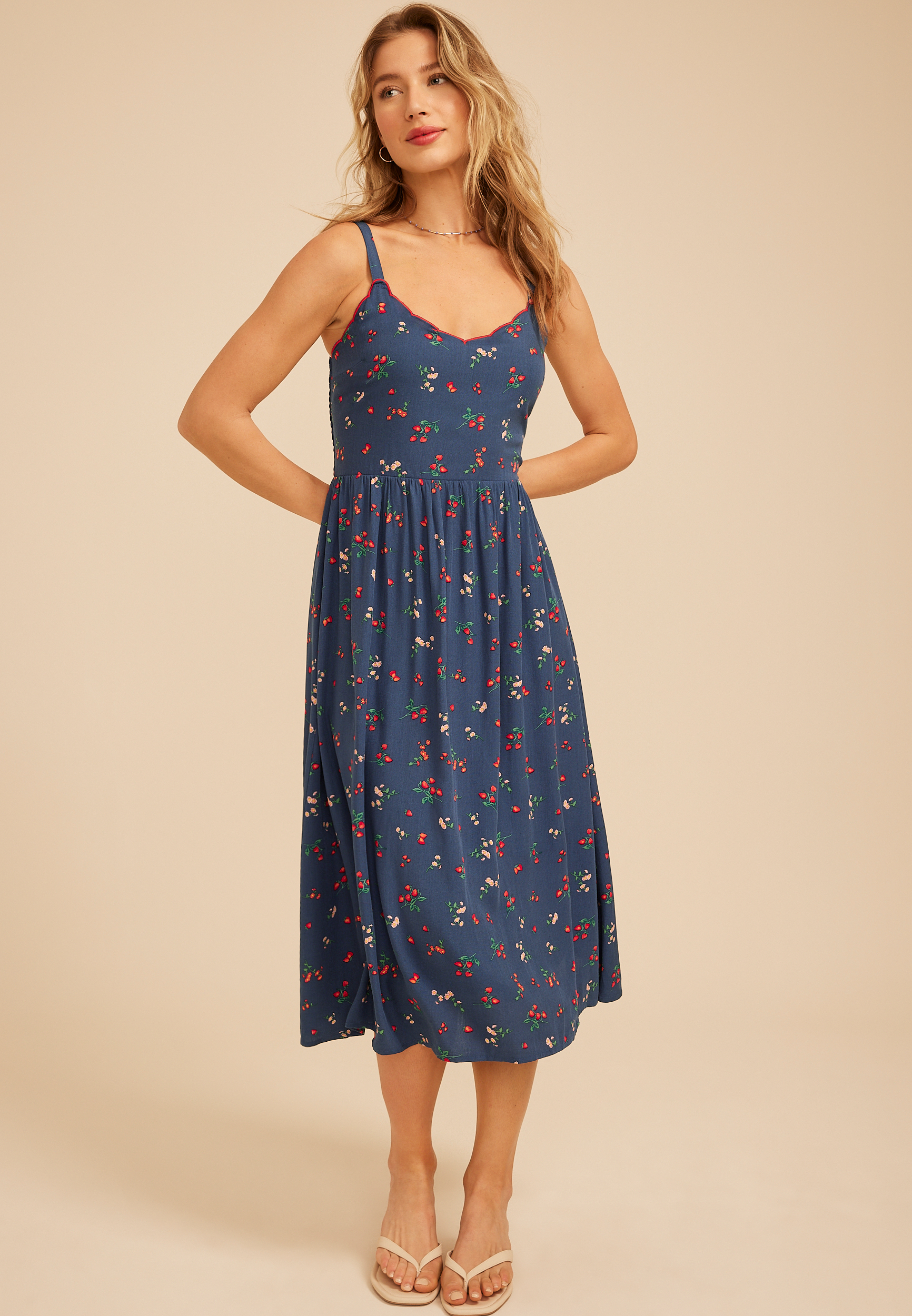 Bare Scallop Fruit Floral Sweetheart Midi Dress